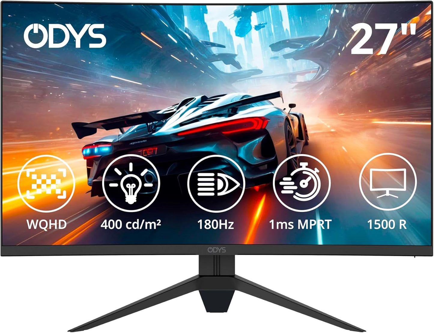 ODYS i27-Q-180-27 Inch Gaming Monitor (69 cm Screen, WQHD, 2,560 x 1,440 Pixels, 180 Hz, 1ms Response Time (MPRT), Fast IPS Panel, 120% sRGB, FreeSync, 2x HDMI, 2x Display Port)
