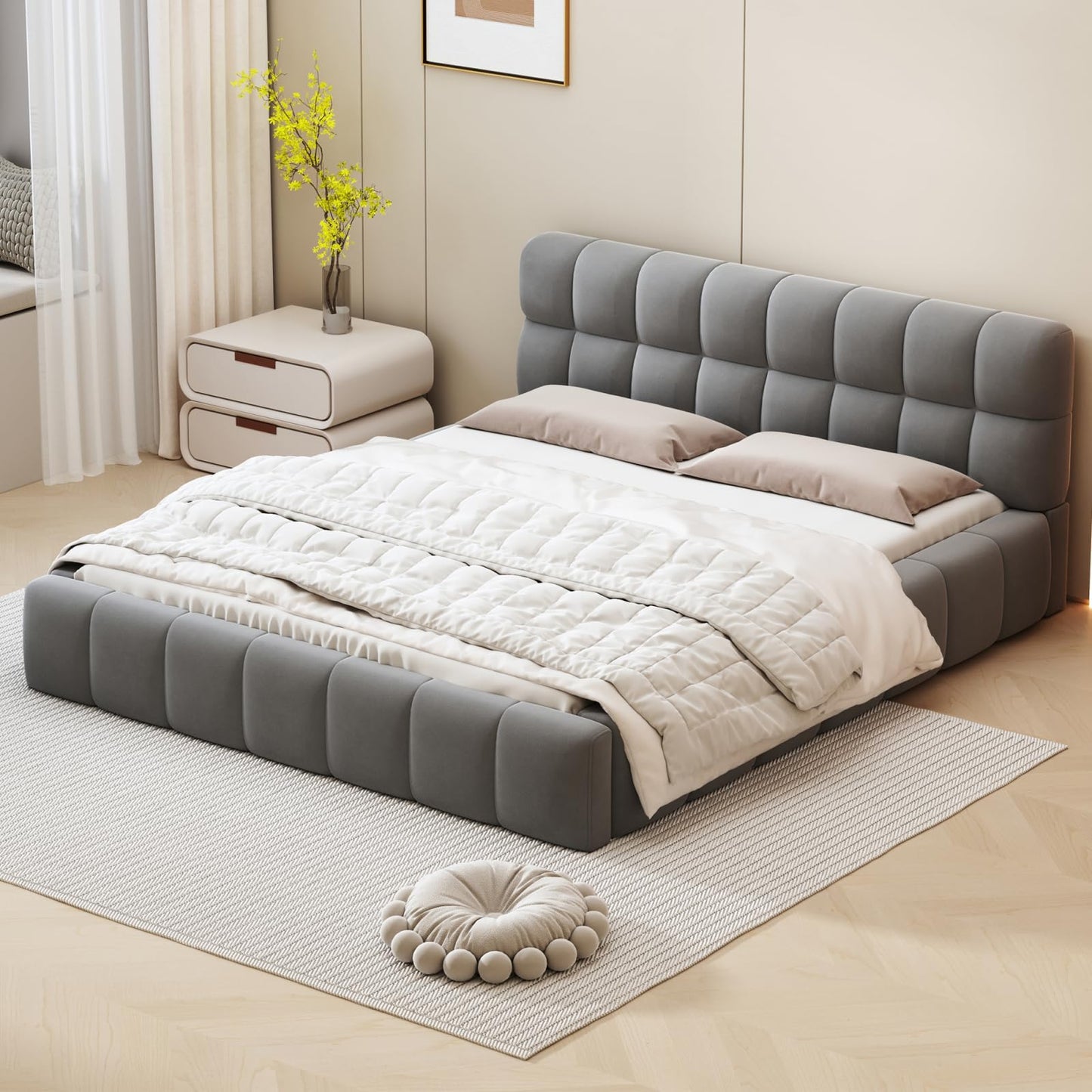 DULRLLY Bubble Bett Polsterbett 140x200 cm,Doppelbett mit Lattenrost, Jugendbett mit Gepolstertes Kopfteil, Gepolstertes Bett für Schlafzimmer und Gästezimmer,ohne Matratze, Leinenstoff (Weiß)