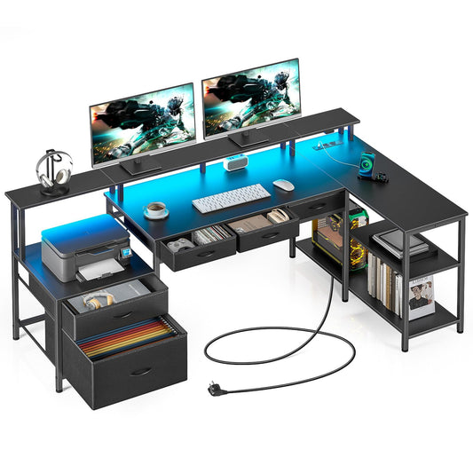Seventable Schreibtisch L Form, Computertisch mit Steckdose, LED & Monitorständer, Reversibel Eckschreibtisch mit Schubladen, perfekt für Schlafzimmer Büro Wohnzimmer