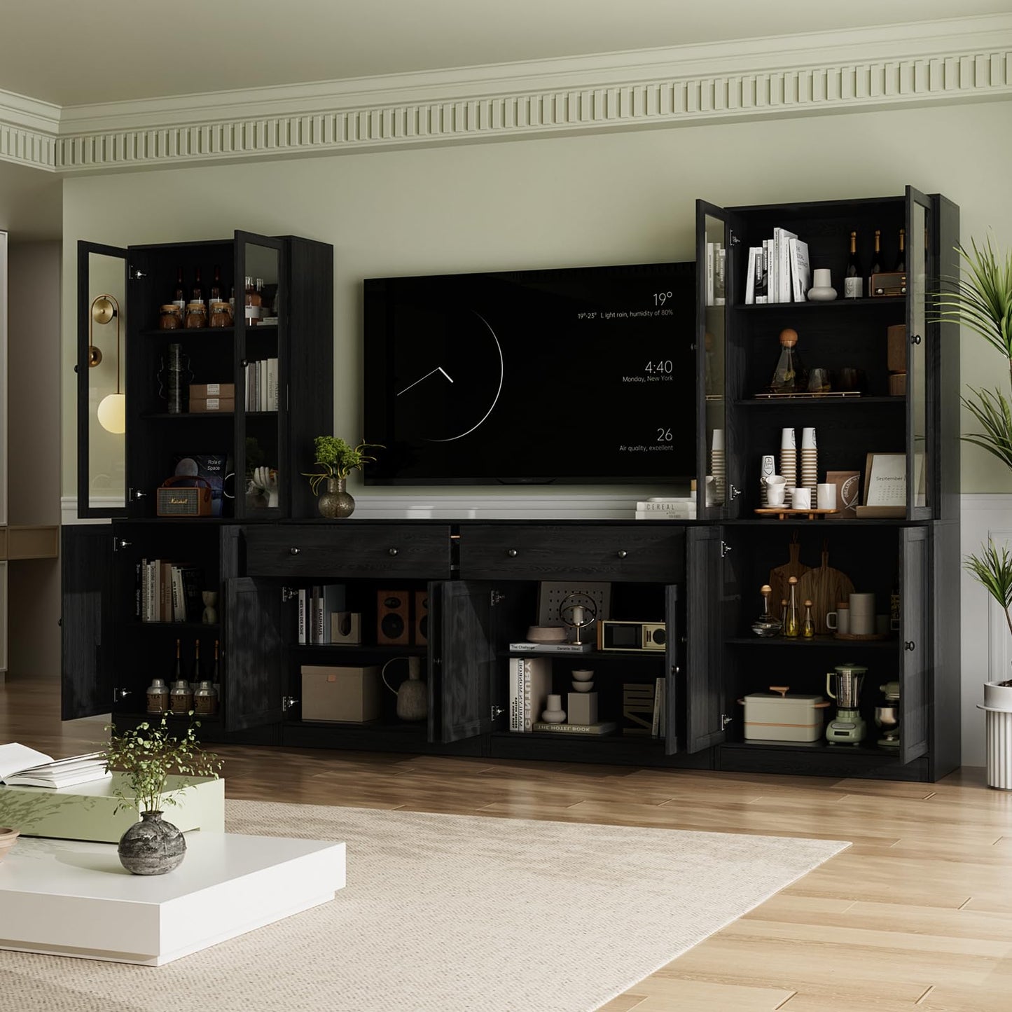 VOWNER 4PSC Large TV Cabinet with Bookshelves for TVs up to 75 Inches, 280 cm Long TV Stand with Tempered Glass Doors and Shelves, TV Cabinet for Living Room, Black (2B+2C)