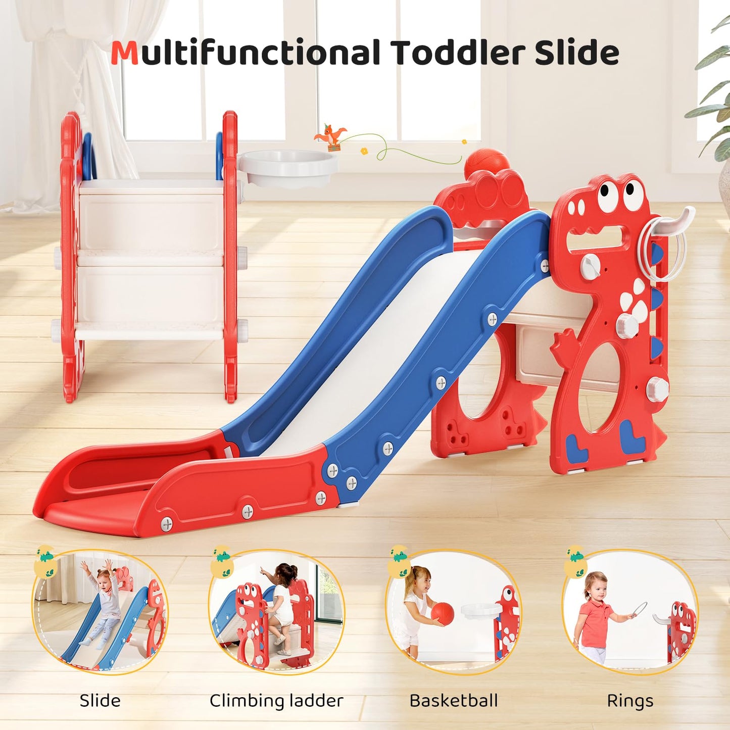 Krovtoy Kleinkindrutsche mit Weihnachtselch-Motiv, freistehende Kleinkindrutsche mit Golf-Set, Babyrutsche, Spielplatzgerät, für den Innen- und Außenbereich (Grau Beige - 6 in 1)
