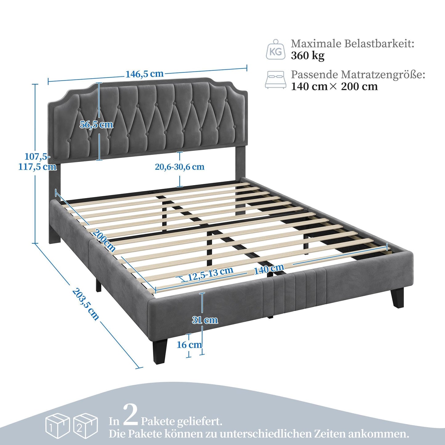 Yaheetech Upholstered Double Bed 140 x 200 cm Fabric Bed Youth Bed Padded Bed with Height-Adjustable Headboard Bed Frame with Slatted Frame, Dark Grey