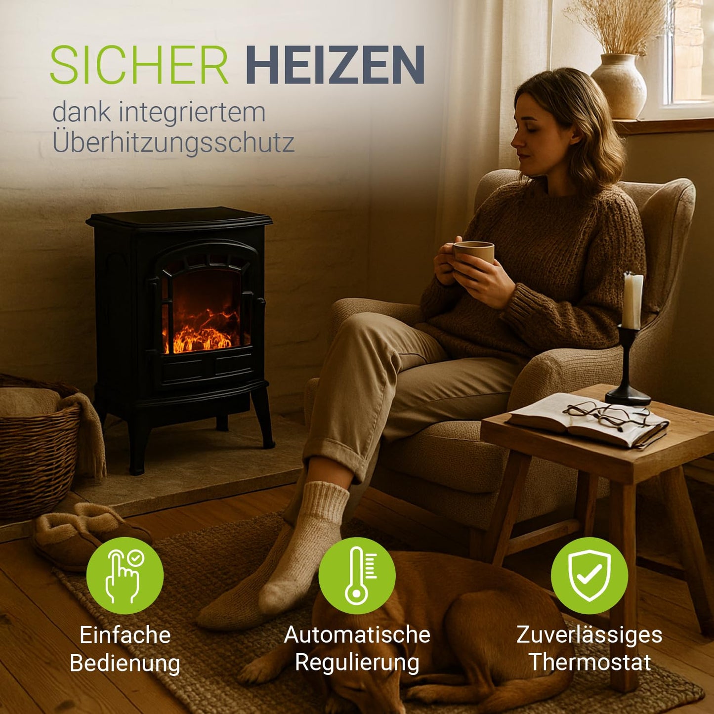 Juskys Electric Fireplace 2000W - White, Electric Standing Fireplace with Flame Effect, 2 Heat Settings, Thermostat & Safety Shutdown for Living Room