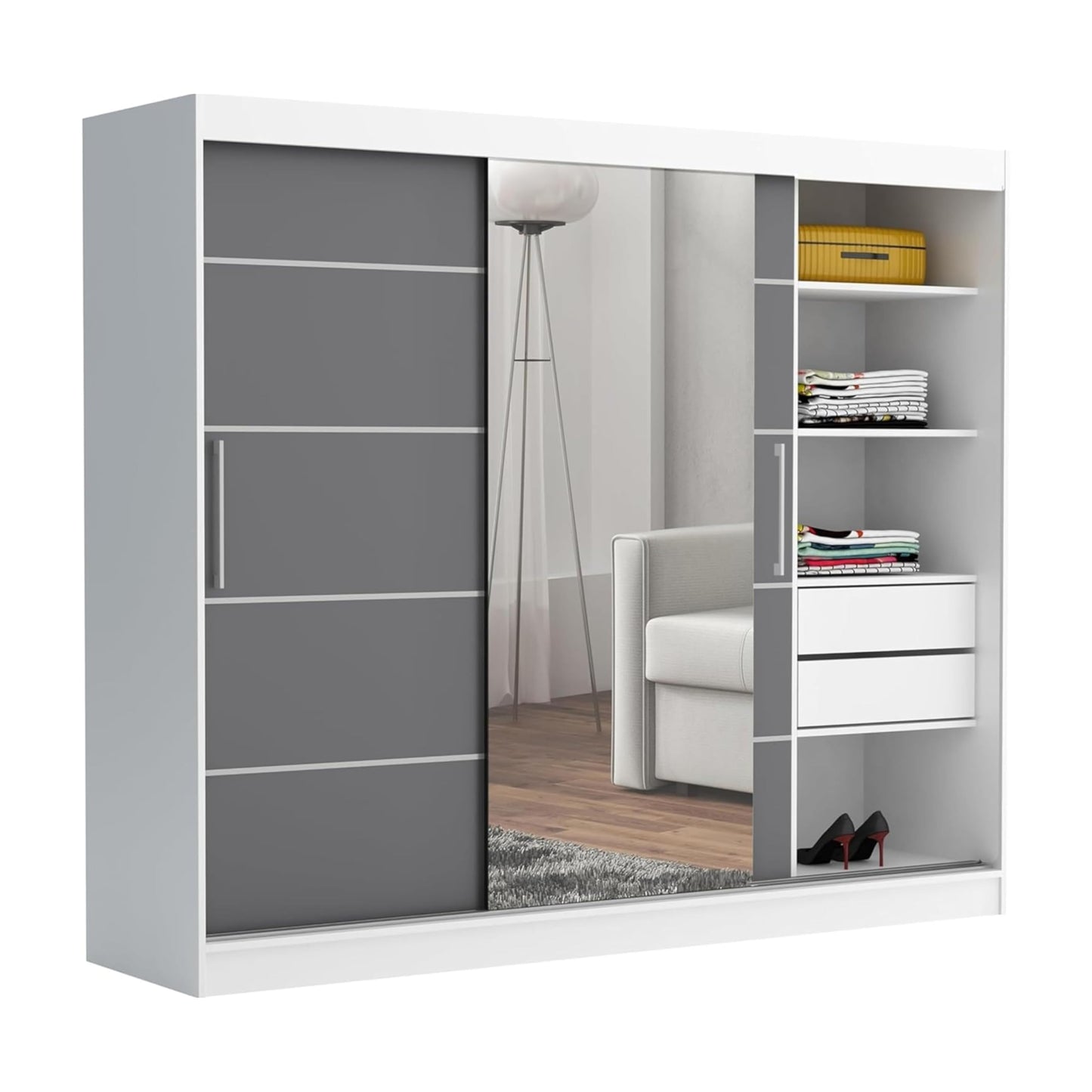 Brent - Kleiderschrank mit Spiegel und Schubladen 235cm Breit Chelsea Tomy, Schwebetürenschrank mit Spiegel, Schlafzimmerschrank, Kleiderschrank Schwarz