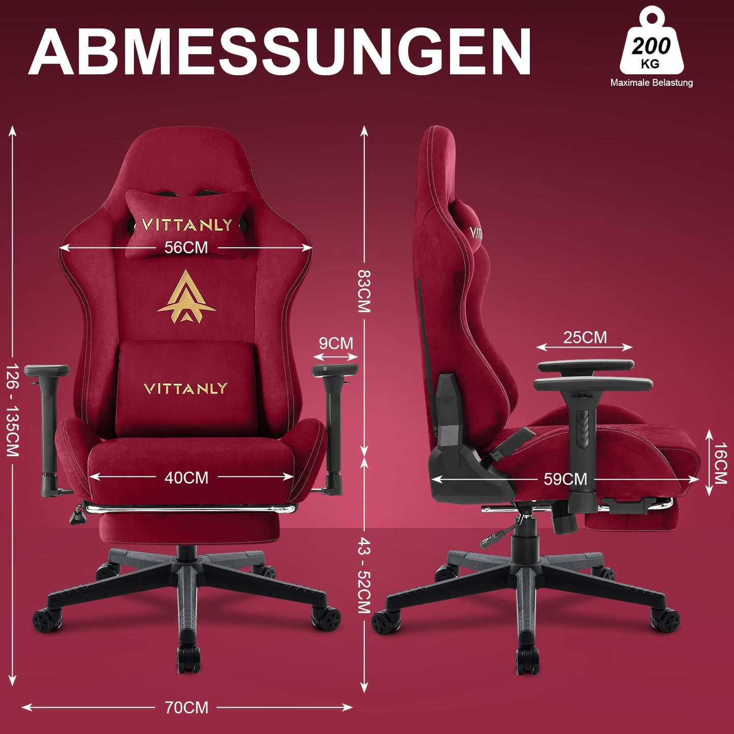 Vittanly Gaming Stuhl, Luxuriöser Wildlederimitat Gaming Chair Bürostuhl, Ergonomischer Schreibtischstuhl mit Fußstütze Kopfstütze und Lendenkissen, 3D Armlehnen, 90-155° Rückenlehne, Weinrot