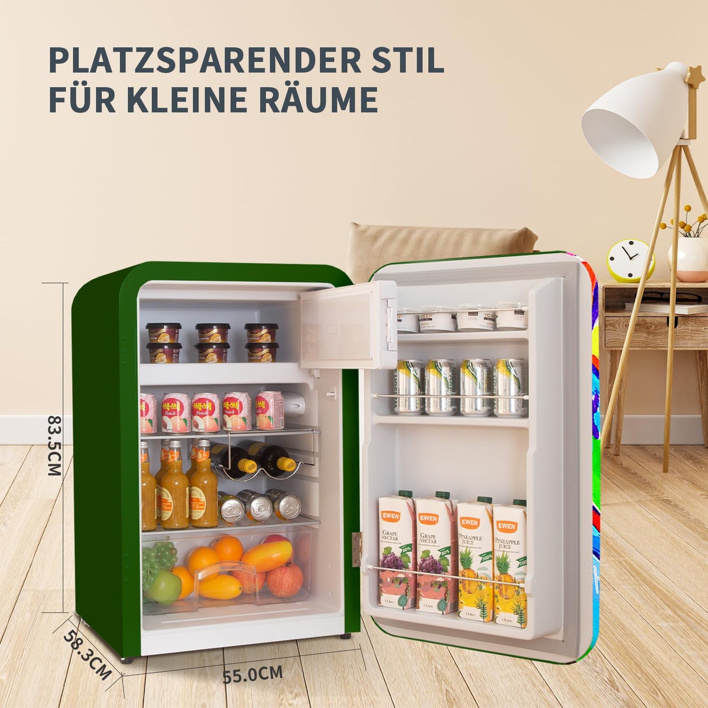 HCK 107L Retro Kühl-Gefrier-Kombinationen, Freistehender Kompakt Mini Kühlschrank mit Künstlerischer Bemalung, Einstellbarer Thermostat:0~10°C Kühlschrank und -25~-15°C Oberer Gefrierschrank Für Home