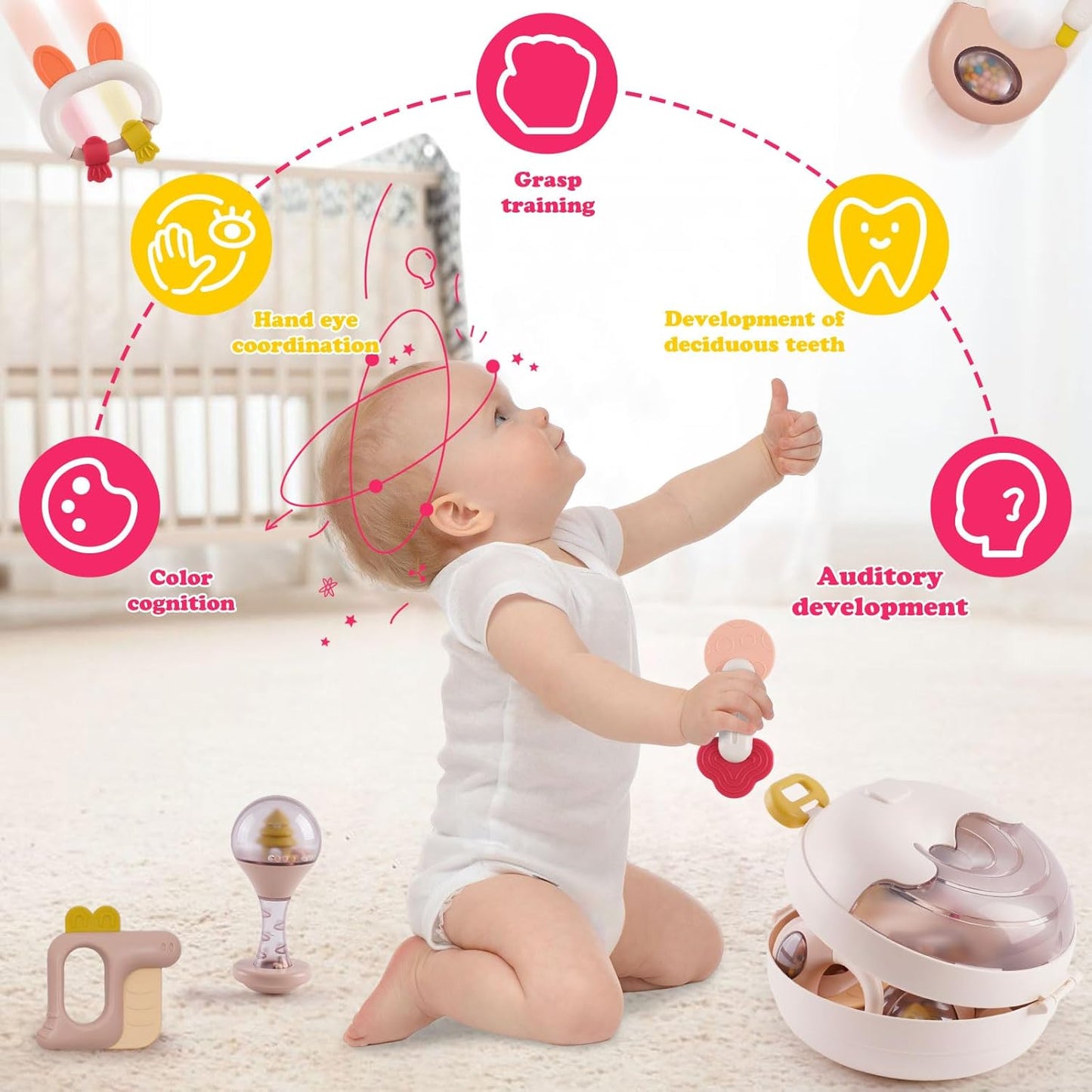 Rattle Teething Ring Set, 10 Pieces BPA-Free Silicone Baby Toy, Rattles Teether for Babies 0-9 Months, Silicone Rattle Toy with Storage Box