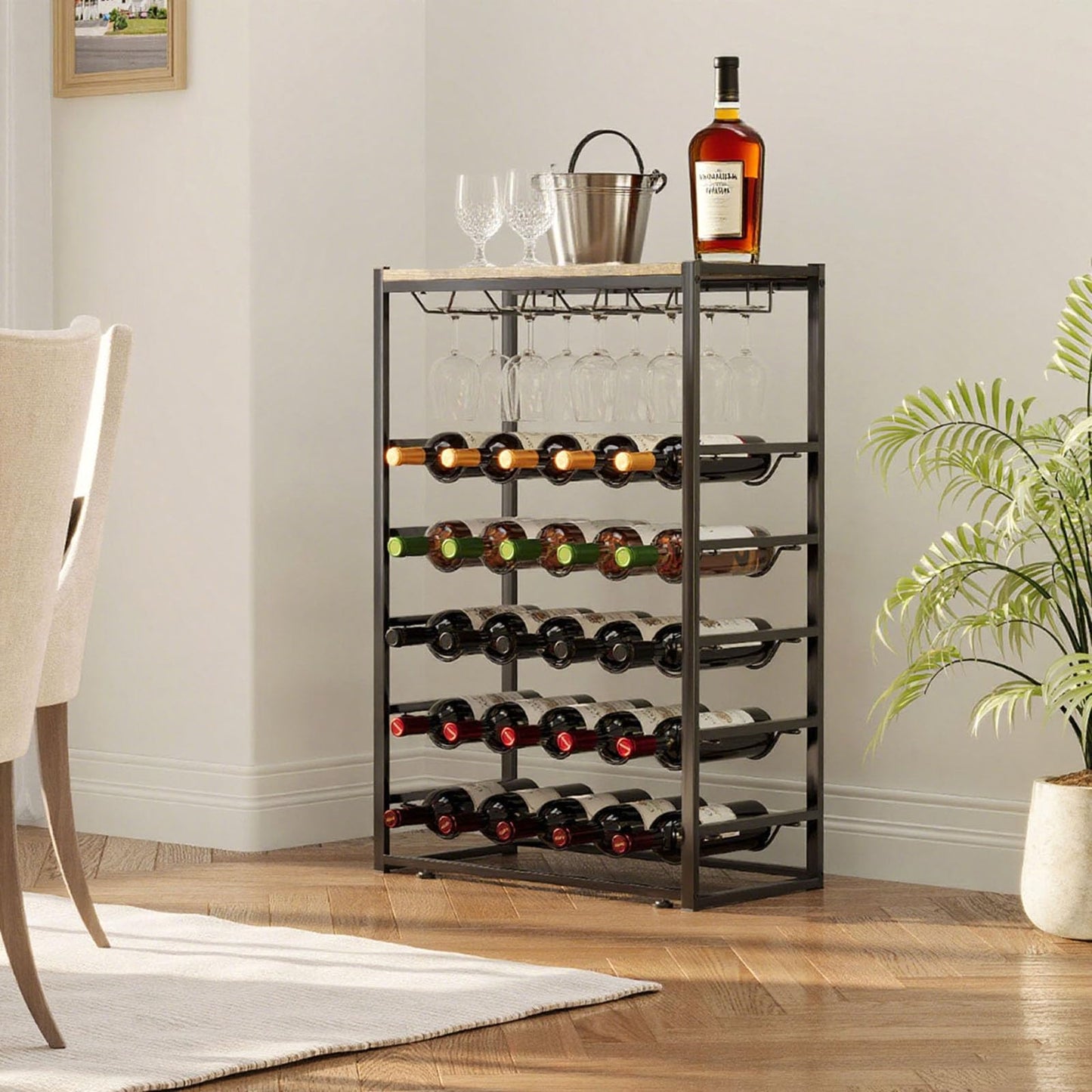 Urban Deco Wine Rack for 30 Bottles, Bottle Rack Standing with Wooden Table Top, Wine Rack Metal Black for Kitchen, Bar, Basement, Dining Room, 59 x 30 x 89 cm