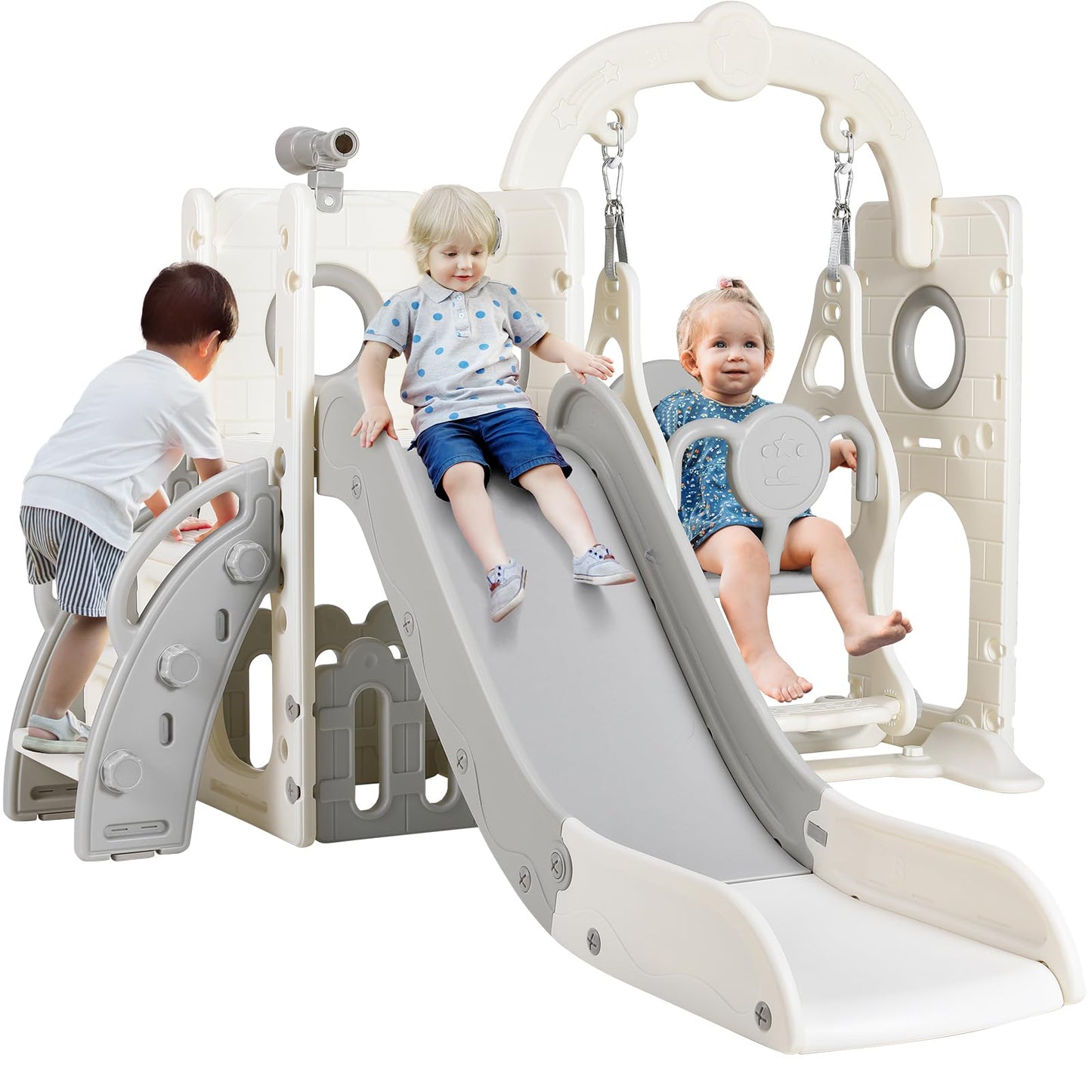 Swing Slide, 5-in-1 Children's Slide with Swing, Climbing Frame, Telescope, Storage, Indoor and Outdoor Freestanding Slide, Playground for Toddlers, for Max 60 kg from 1-6 Years, 2 Pieces Modules