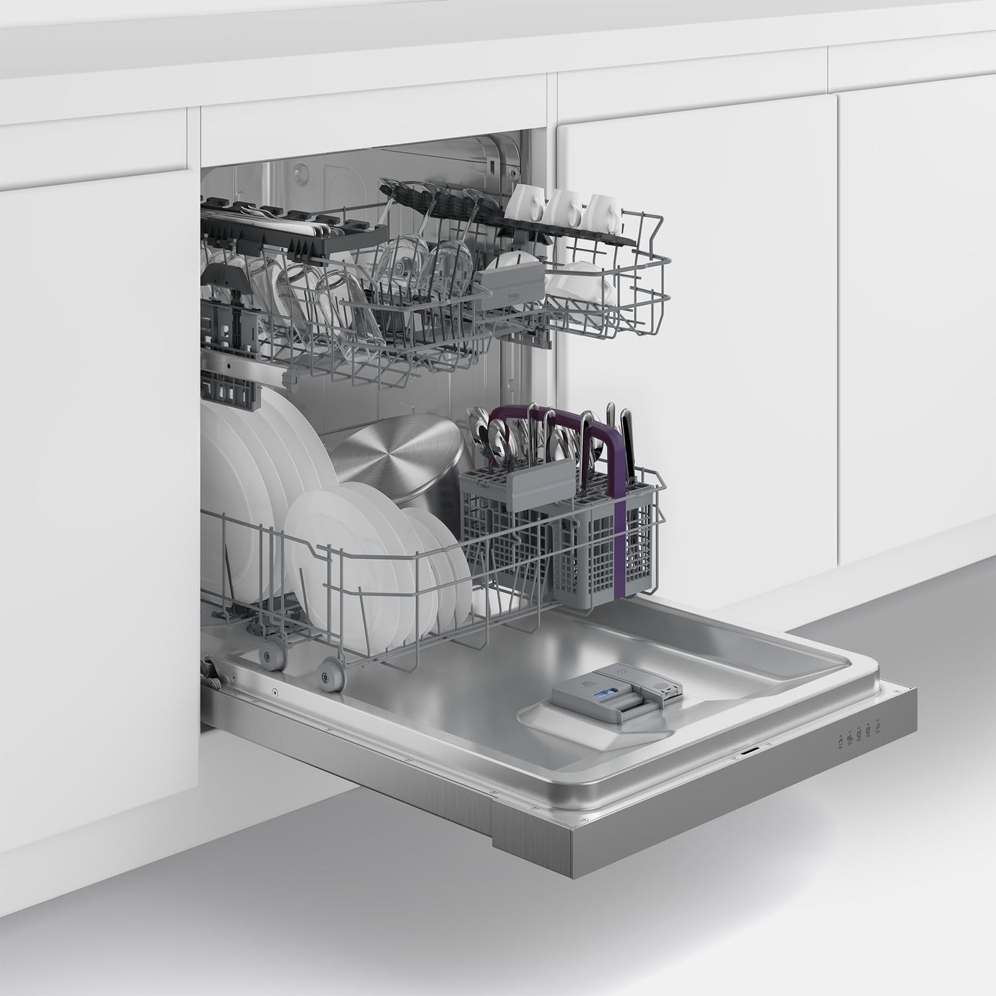 Beko BDIN16420 Fully Integrated Dishwasher / Sliding Cutlery Basket / Detergent Compartment with Sliding Lock / Self-Adjusting Door Spring / 14 place settings