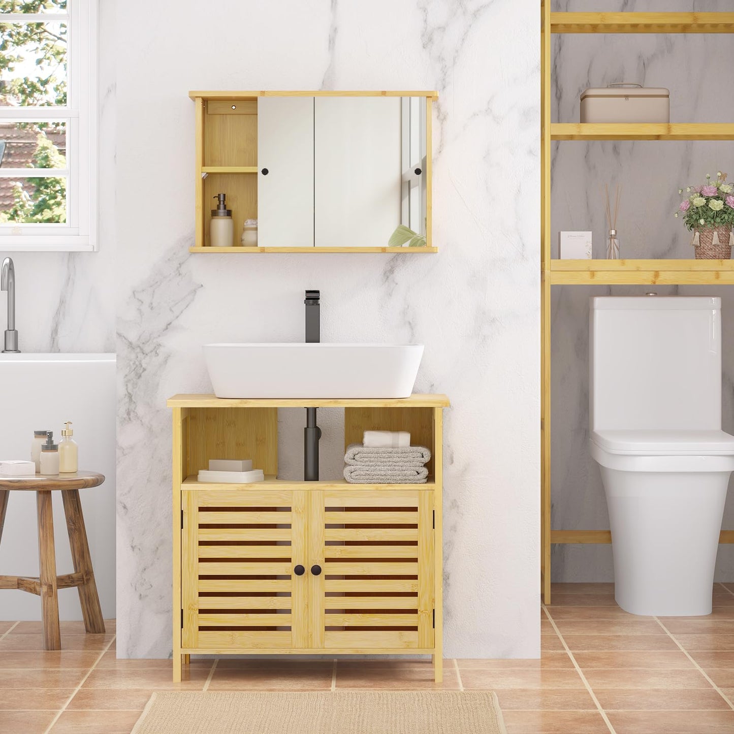 EUGAD Bamboo Vanity Unit with Slat Doors, Adjustable Shelf, 60 x 60 x 30 cm