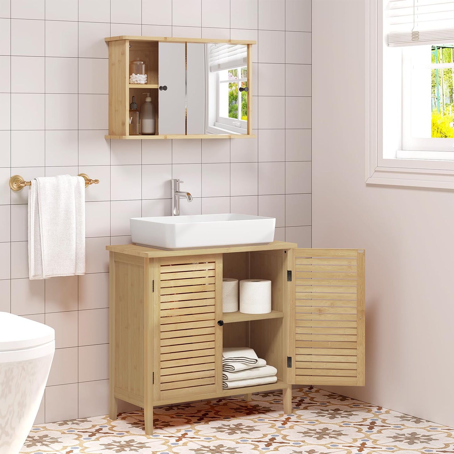 EUGAD Under Basin Vanity Unit Bathroom Cupboard with 2 Doors 60 x 30 x 60 cm, Bamboo