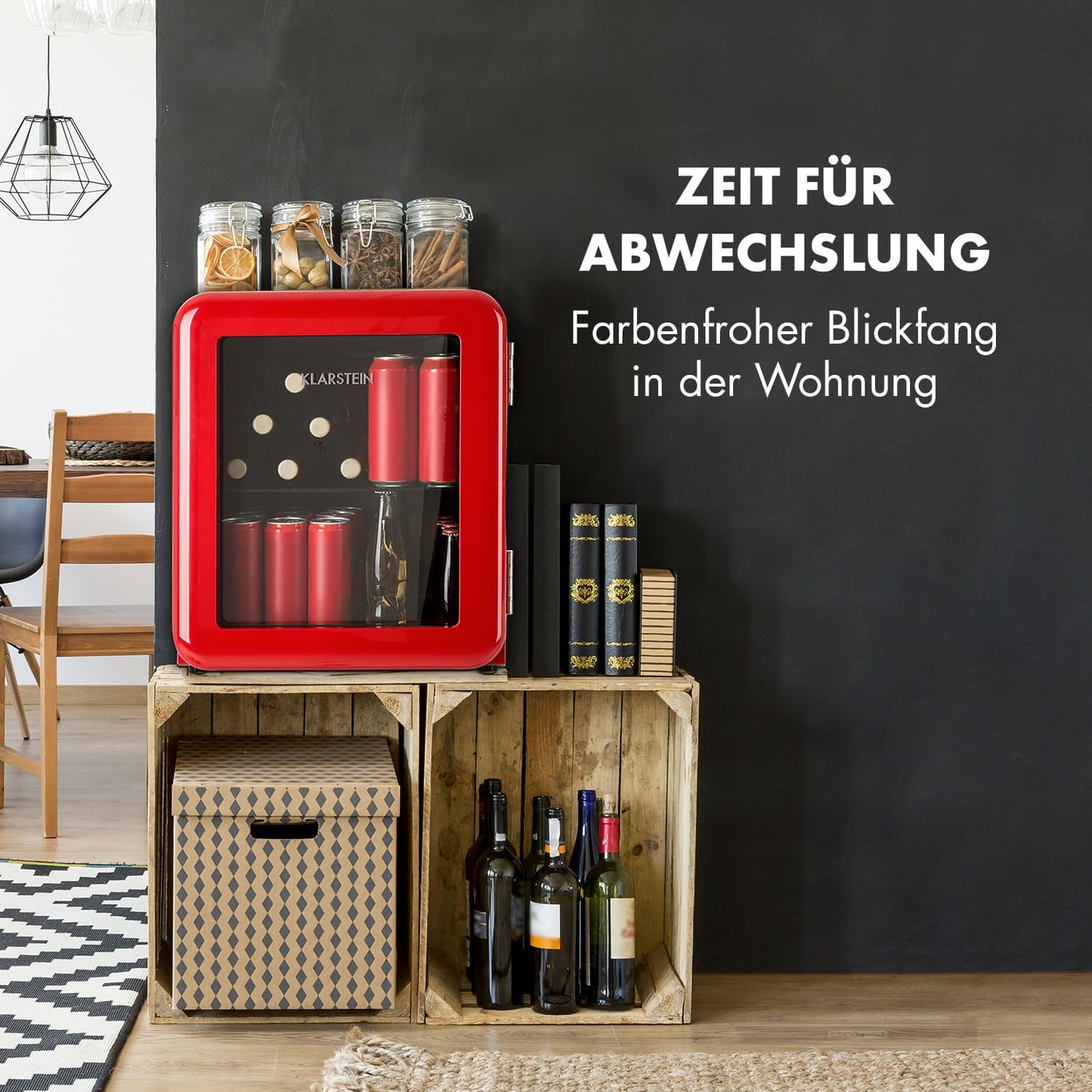Klarstein PopLife Getränkekühler - Mini-Bar, Retrokühlschrank, 0-10°C, nur 39 dB, 115 L, umweltfreundlich, doppelt verglaste Tür, Retro-Design, rot