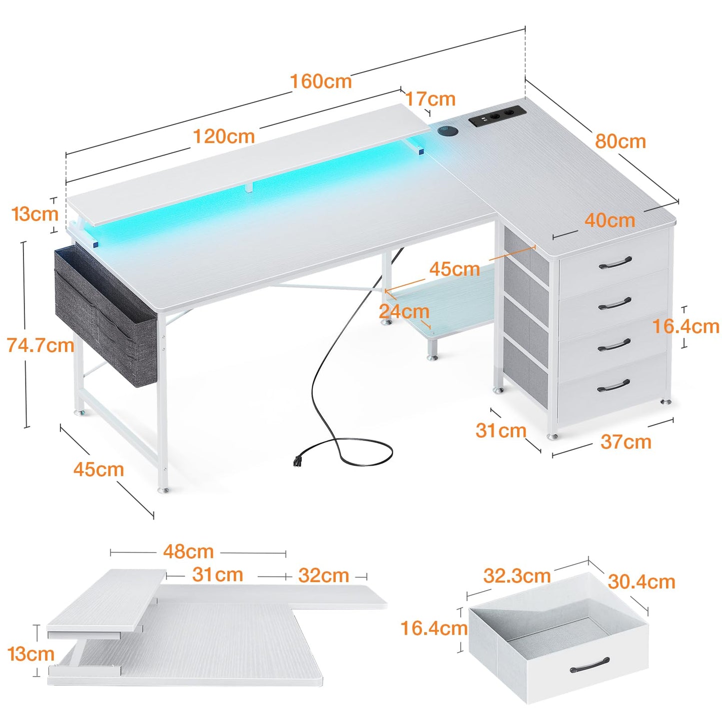 ODK Eckschreibtisch mit 4 Stoff Schubladen, 160x80cm Reversible Schreibtisch L Form mit 2 Steckdosen und 2 USB Ladeanschluss, Gaming Tisch L Form mit LED&Monitorständer für Home Office, Schwarz