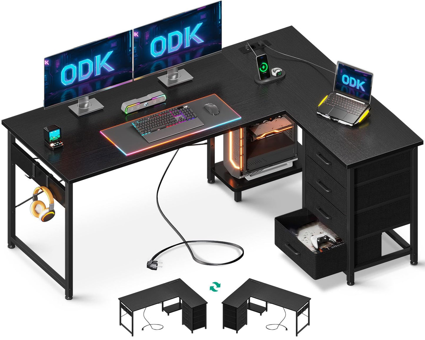 ODK Corner Desk with 4 Drawers, 135 x 100 cm, L Shape Desk with Socket and USB Charging Port, Reversible Desk with Storage Space for Home Office and Gaming, Black
