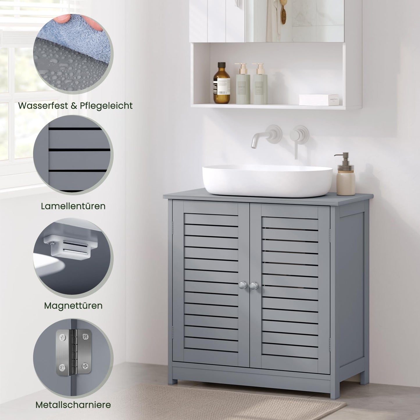 EUGAD Under Basin Vanity Unit Bathroom Cupboard with 2 Doors 60 x 30 x 60 cm, Bamboo