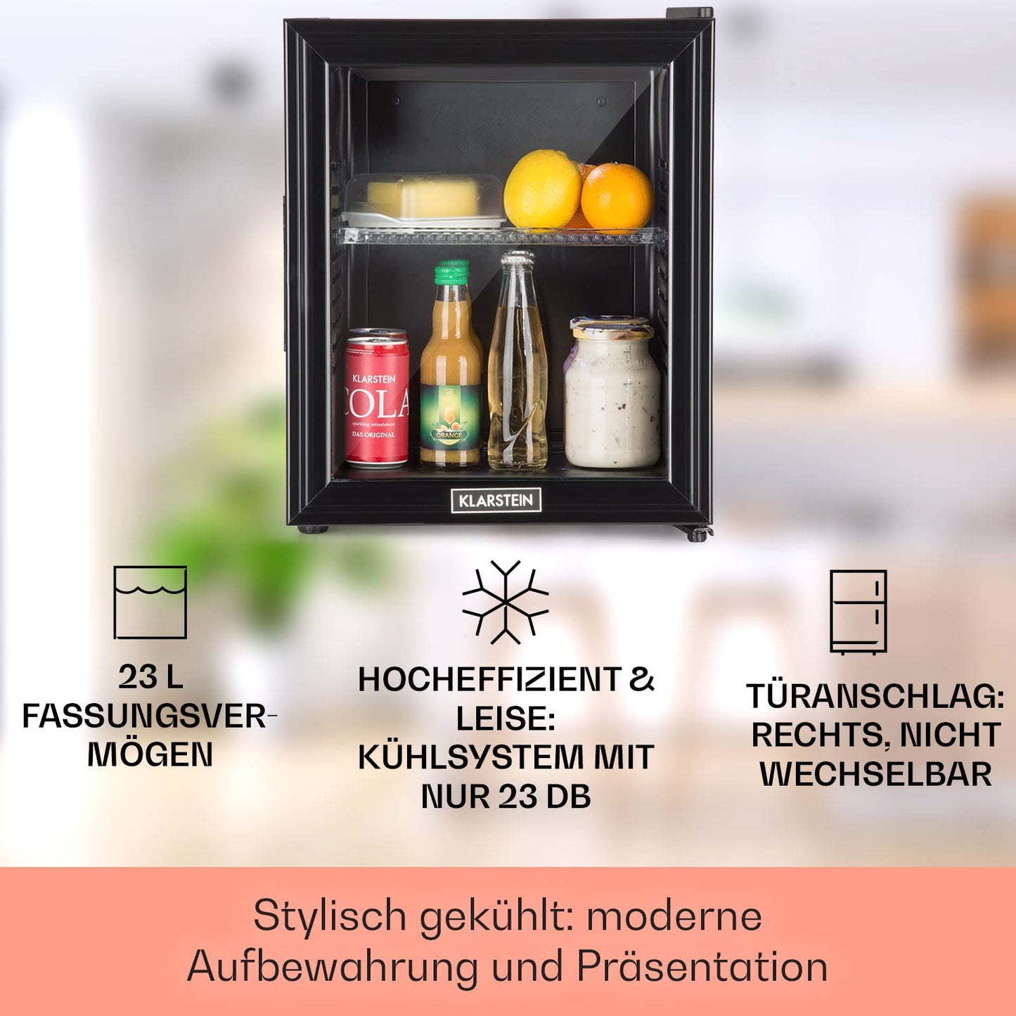 Klarstein Kühlschrank, Mini Kühlschrank mit Glastüre, Mini-Kühlschrank für Getränke, Snacks & Kosmetik, Kühlschrank Klein & Leise, Verstellbare Ablagen, Kleiner Skincare Kühlschrank 12-18°C, 23L