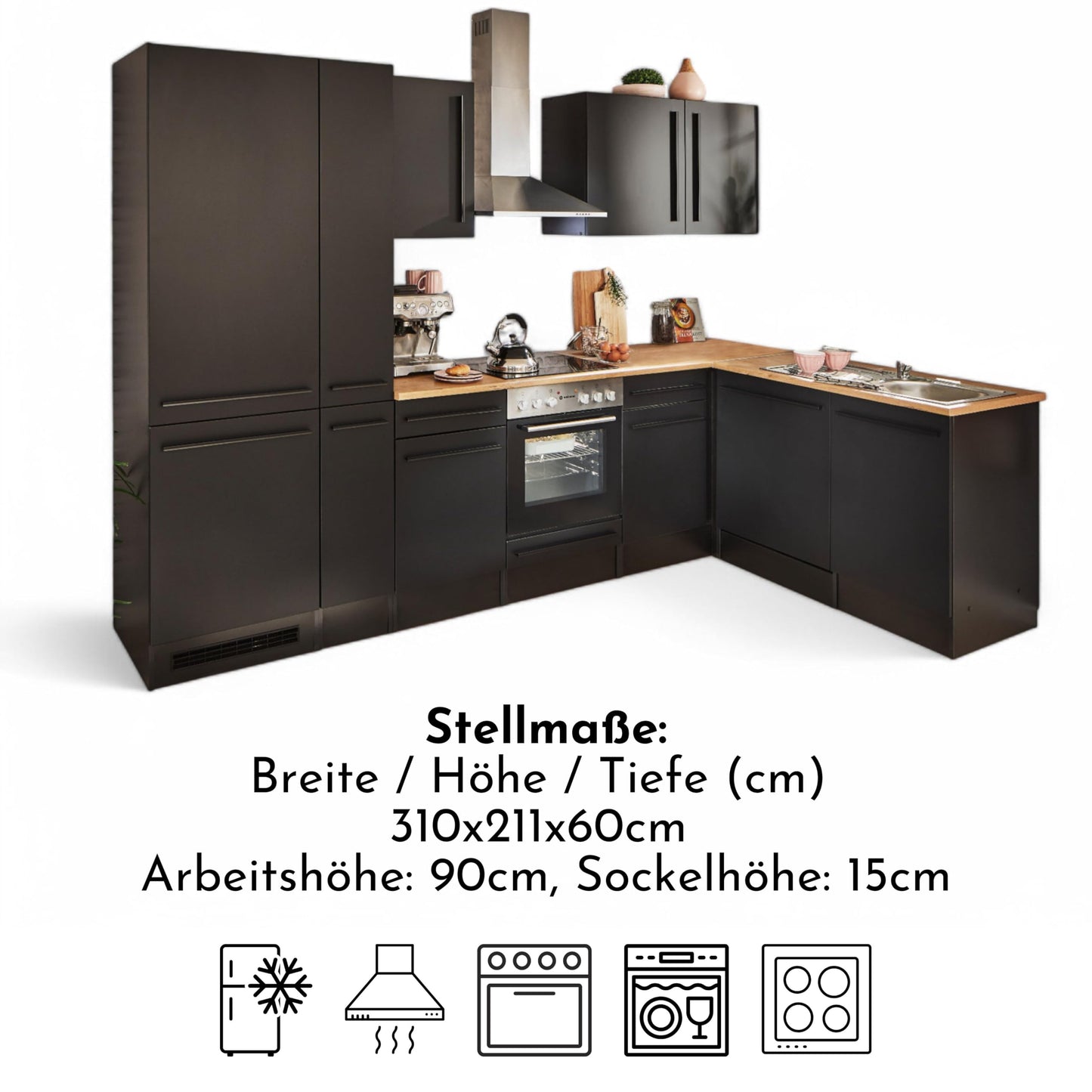 Jazz 8 Modern Corner Kitchen without Electrical Appliances in White High Gloss, Metallic Grey - Spacious Kitchen Unit in L-Shaped with Lots of Storage Space - 220 x 211 x 60 cm (W x H x D)