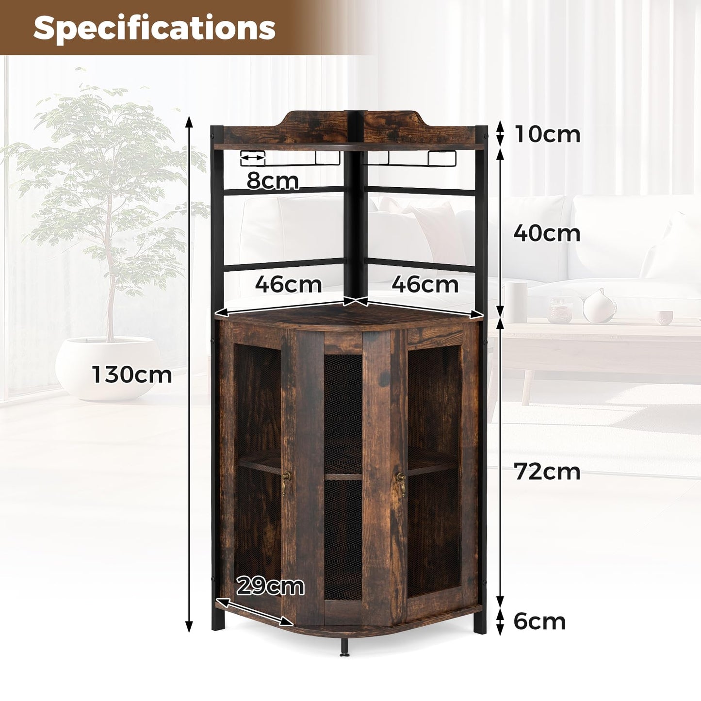 GIANTEX Weinschrank Eckschrank Industrial, Barschrank mit Glashalter, Weinbarschrank mit verstellbarem Regal, Küche Hausbar mit Metallgittertüren, Küchenschrank mit Kippschutz, 46 x 46 x 130 cm