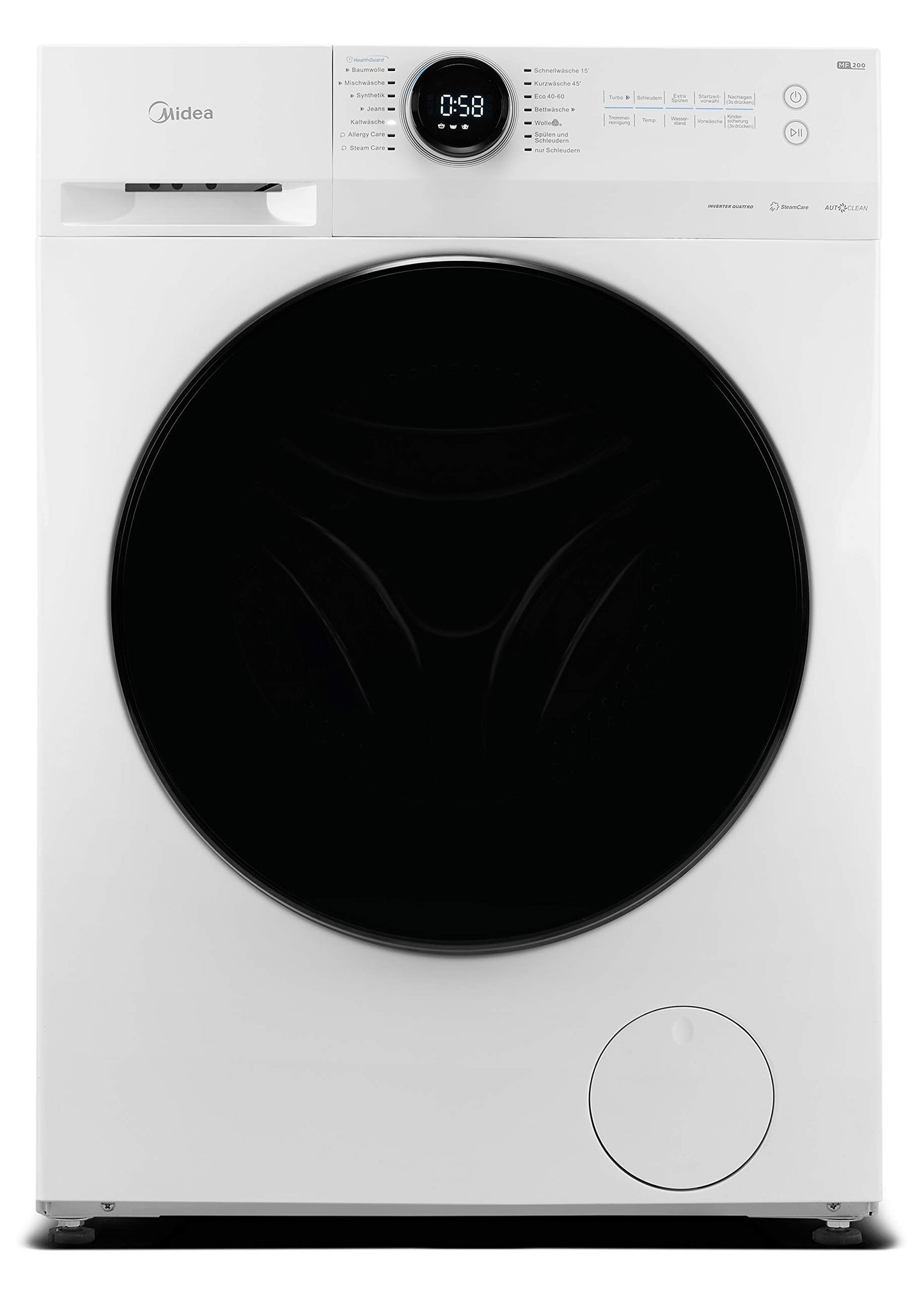 Midea MF10EW70BA10 Waschmaschine / 7kg / 1400 U/Min/EEK A-10%/Inverter Quattro Motor/Dampffunktion/Grosse Trommel/Nachlegefunktion/Kindersicherung/AquaStop, Weiß