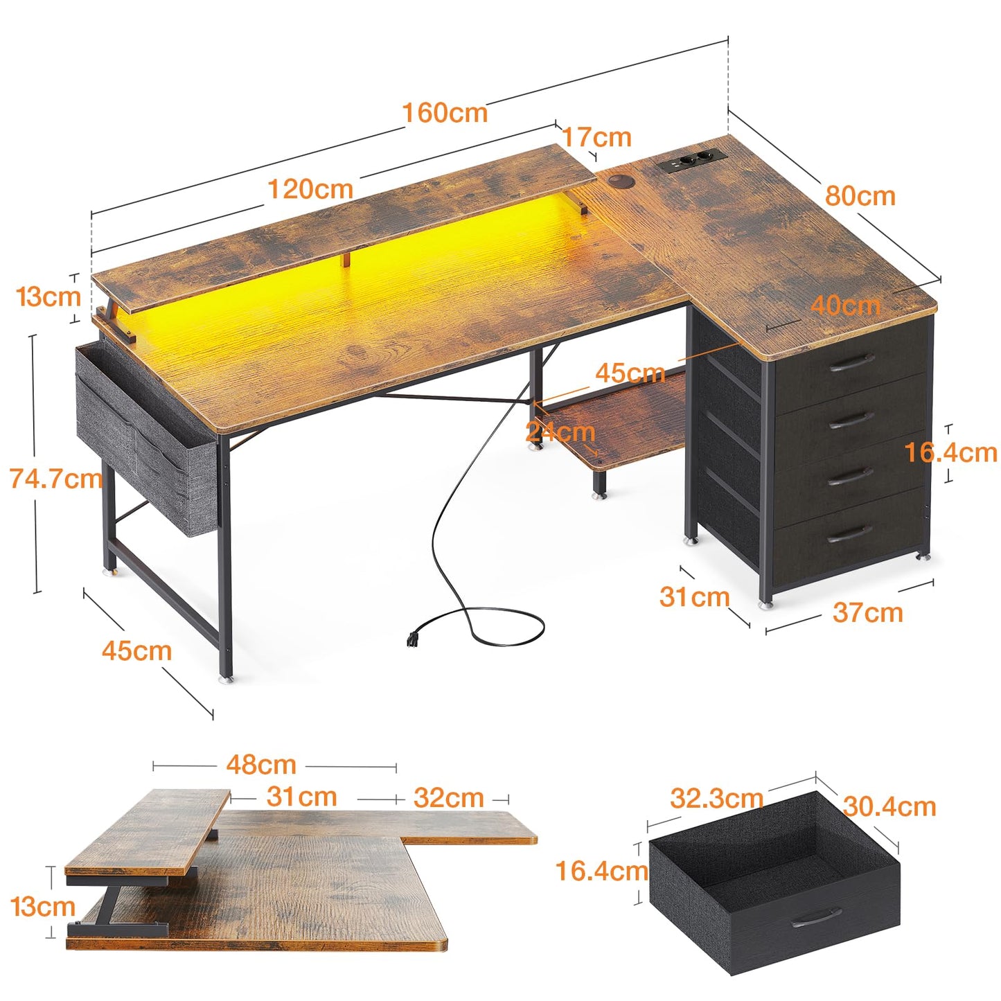 ODK Eckschreibtisch mit 4 Stoff Schubladen, 160x80cm Reversible Schreibtisch L Form mit 2 Steckdosen und 2 USB Ladeanschluss, Gaming Tisch L Form mit LED&Monitorständer für Home Office, Schwarz