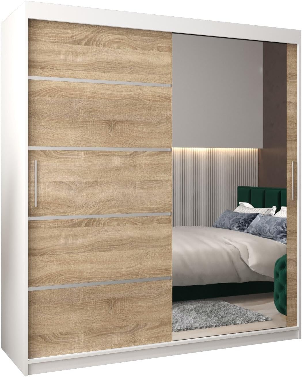 MEBLE KRYSPOL Kleiderschrank mit Spiegel Verona 2 - Garderobenschrank - Schrank Schlafzimmer - Mehrzweckschrank DREI Schiebetüren - Regalen - Flur Möbel - Kleiderstange Schrank - Allzweckschrank