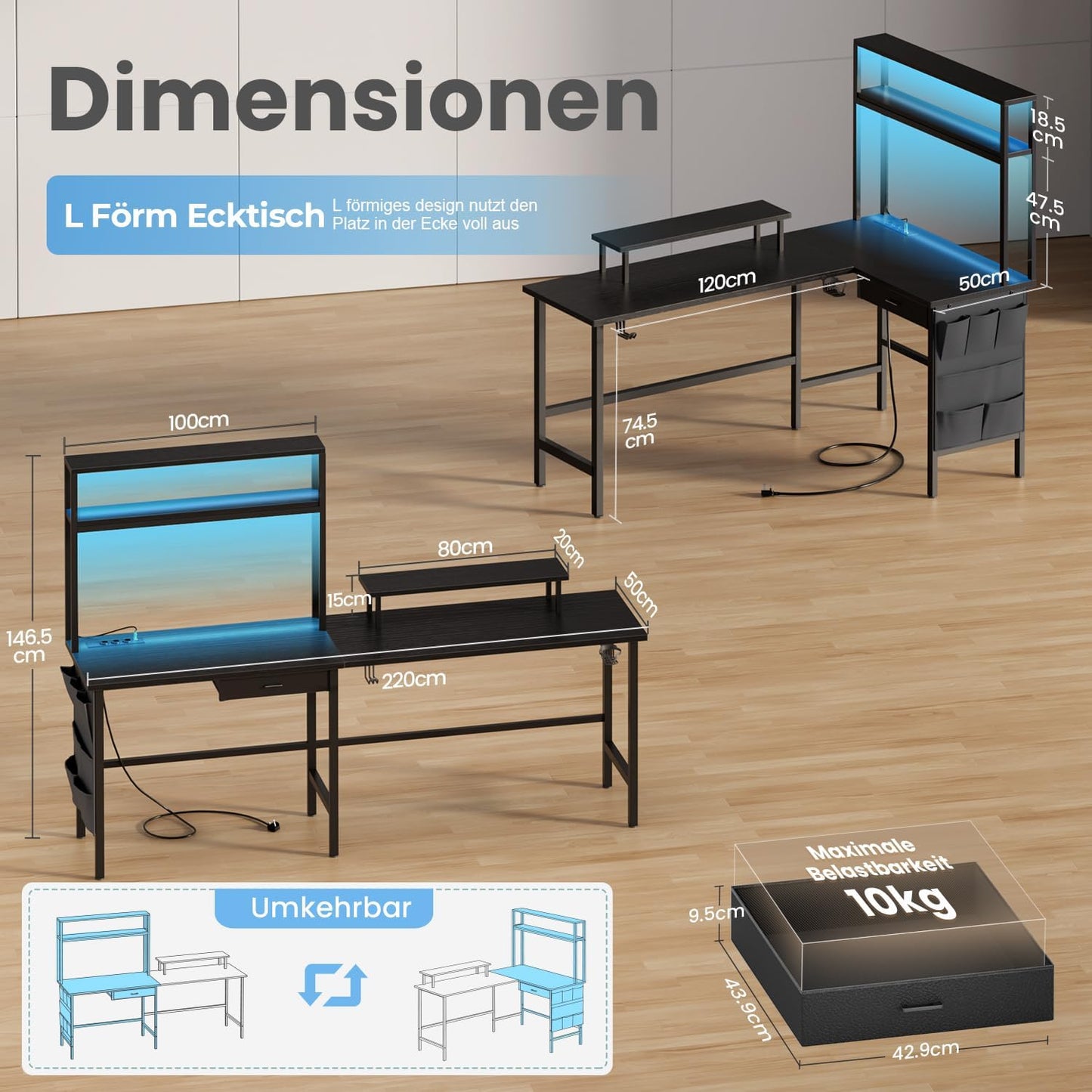HLONONE Gaming Table with LED, 150 x 100 cm Gaming Desk, L Shape with 3 Sockets and 2 USB, Reversible Corner Desk, PC Corner Table, Computer Desk with Monitor Stand and Countertop Shelf, Black