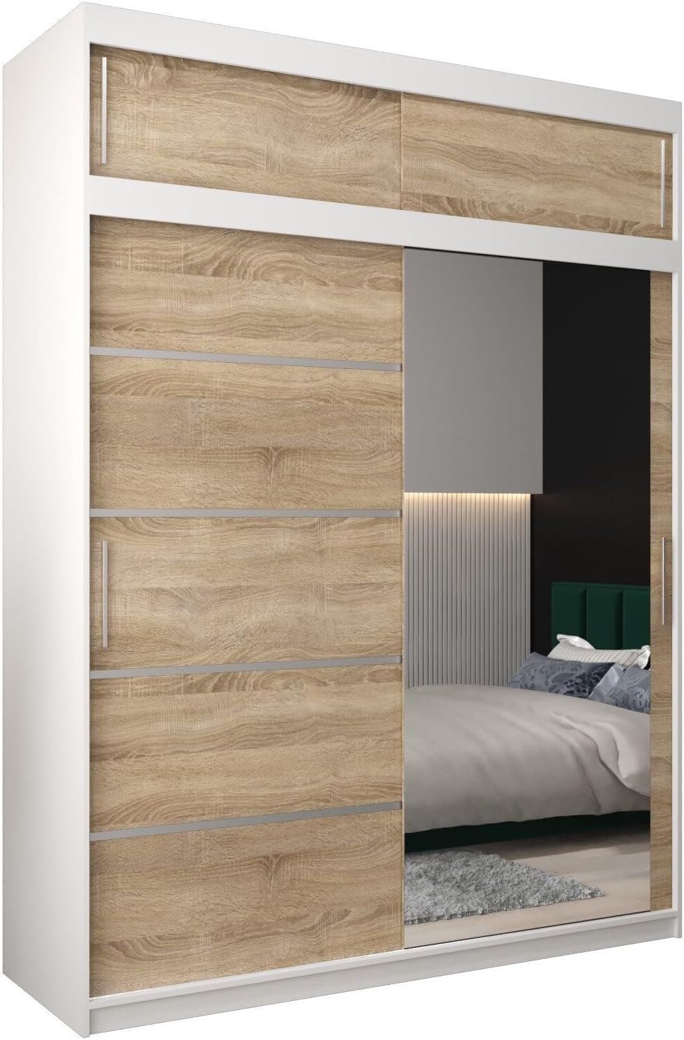 MEBLE KRYSPOL Kleiderschrank mit Spiegel Verona 2 - Garderobenschrank - Schrank Schlafzimmer - Mehrzweckschrank DREI Schiebetüren - Regalen - Flur Möbel - Kleiderstange Schrank - Allzweckschrank