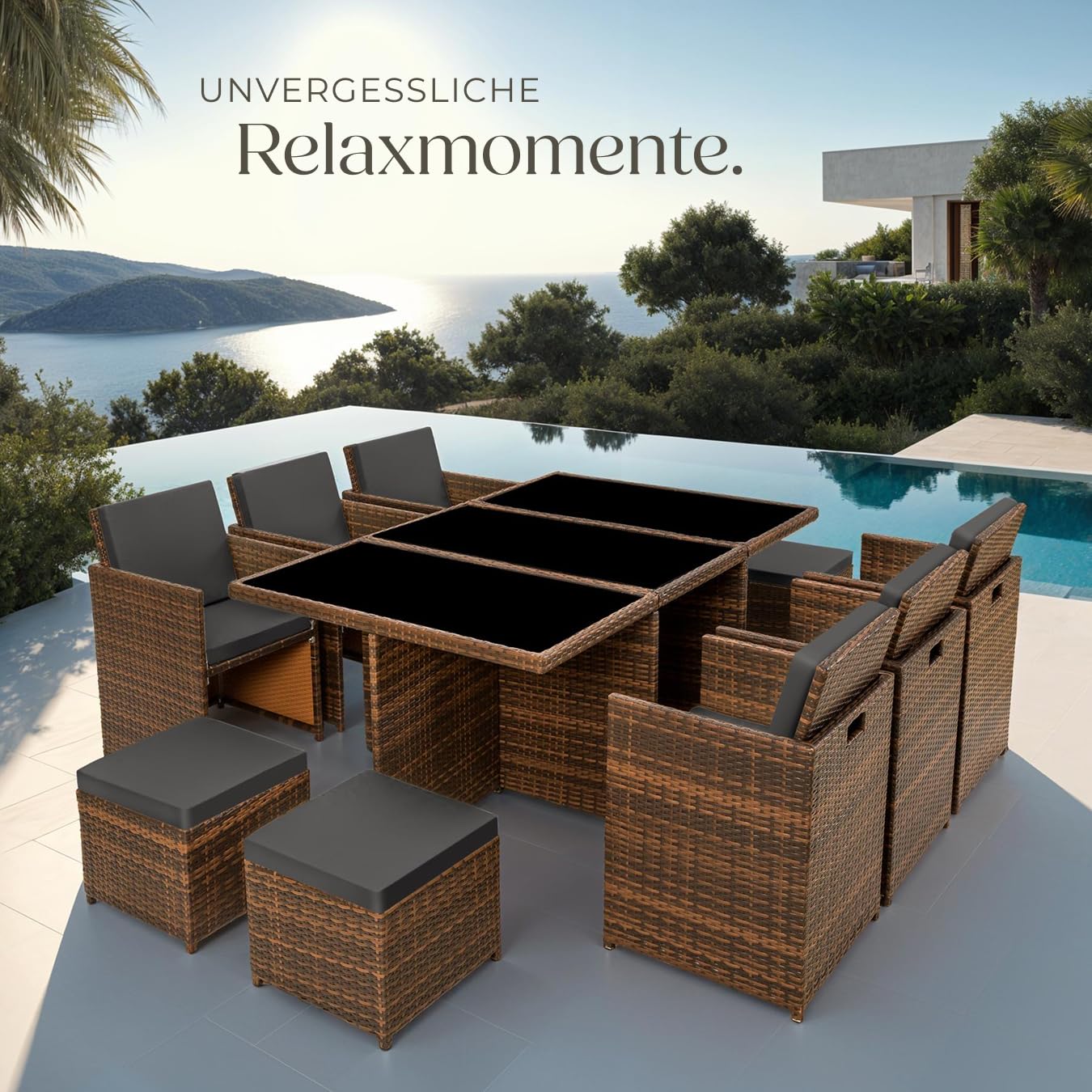 tectake Polyrattan Gartenmöbel Set, Sitzgruppe mit 6 Stühle +1 Glasplatte Tisch + 4 Hocker, Gartenlounge Set klappbar, für bis zu 10 Personen, Balkon Möbel, inkl. 2 Bezugsset - Natur