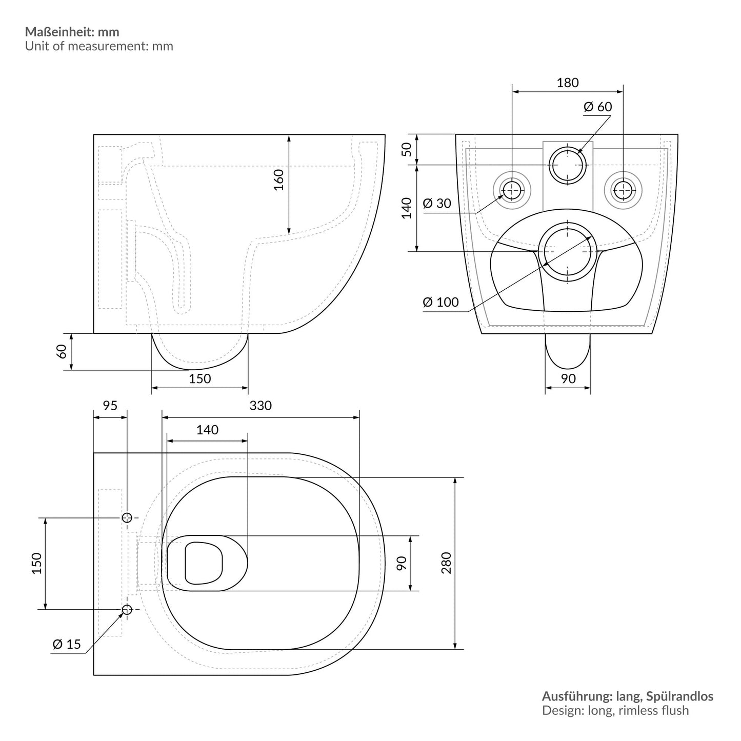 ECD Germany Rimless Wall-Mounted Toilet Ceramic White Matt with Nano Coating, Wall Toilet Long 52 cm, Removable Toilet Seat Made of Duroplast Soft Close Mechanism, Deep Washdown with Lotus Effect