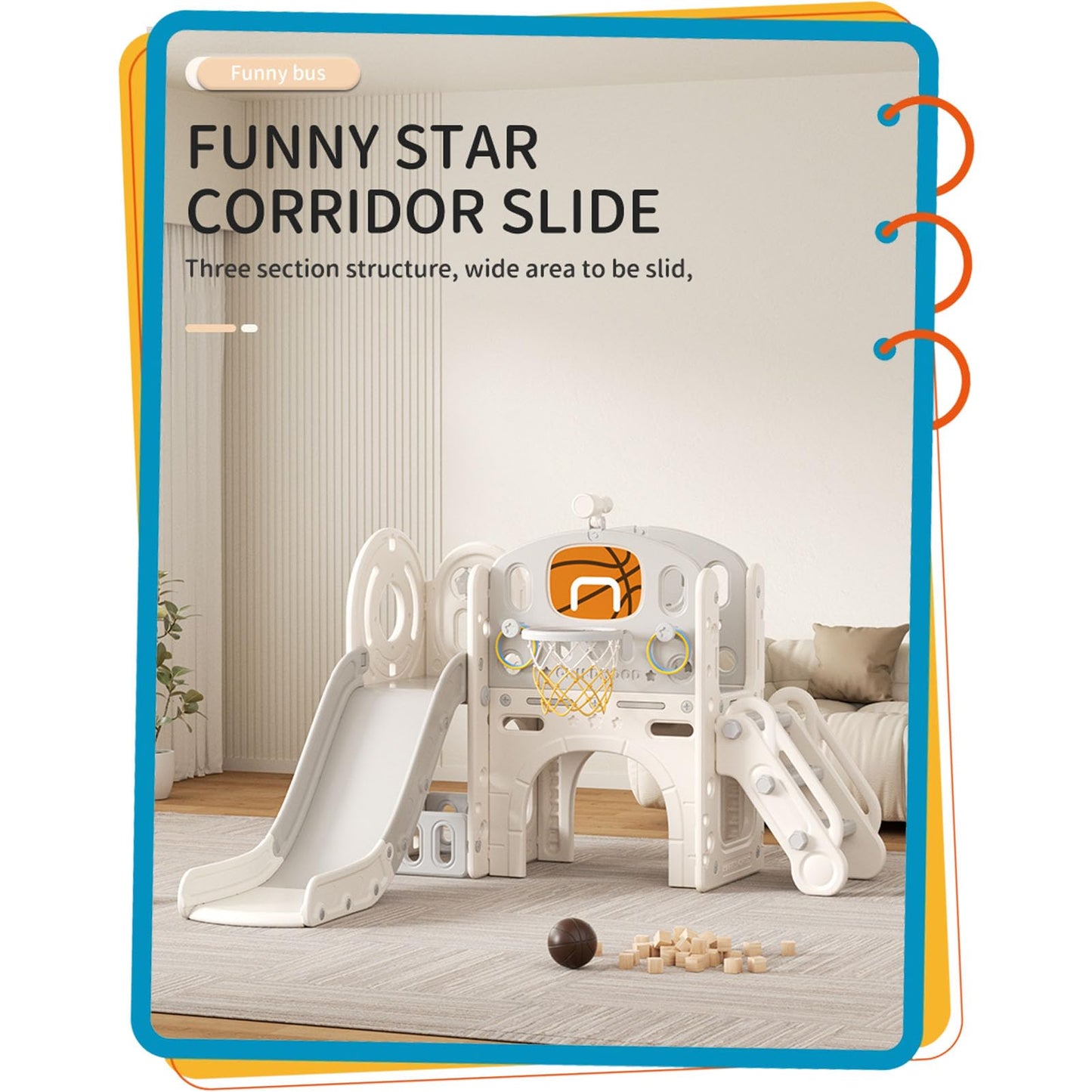 Rutsche mit Klettergerüst für Kinder: Indoor Spielplatz mit - Aufbewahrungsbox Tunnel Treppenleiter Basketballkorb und Durchgangsbereich Gartenrutsche (Star Set-G-Brown)
