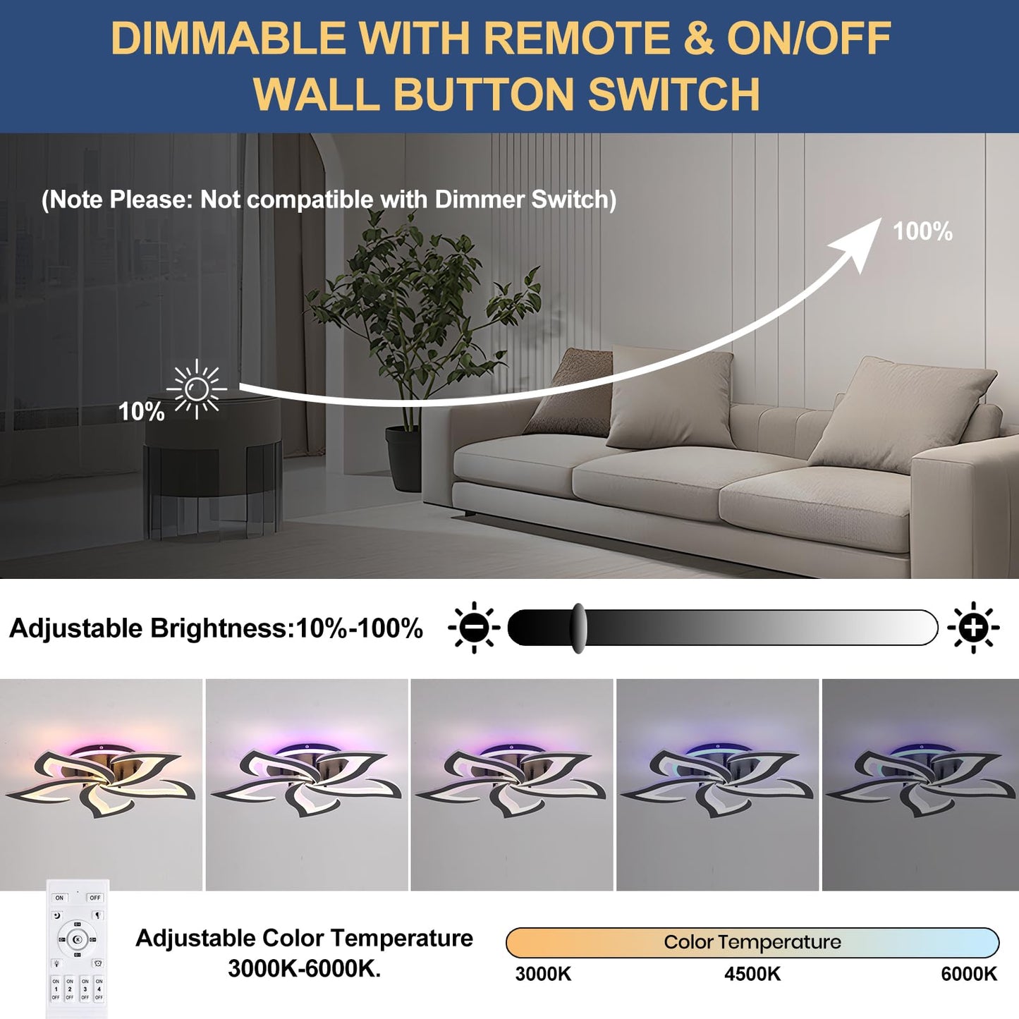ZAITINZ Deckenlampe Led,5 blütenblätter Wohnzimmerlampe,Deckenleuchte Dimmbar mit fernbedienung,lampe wohnzimmer 50W,Moderne Deckenleuchten mit Memory Funktion,Led Deckenleuchte Schwarz 3000-6000K