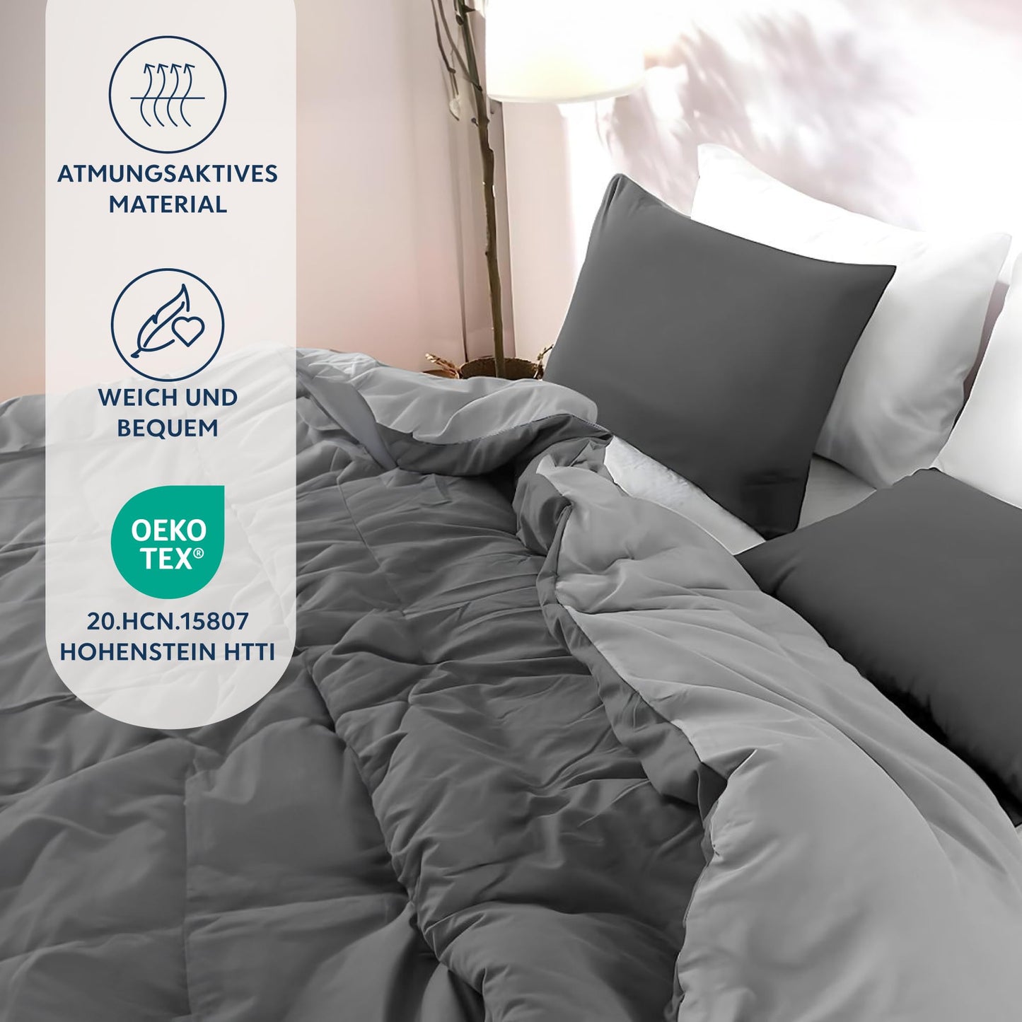 Dreamzie - Bed Linen Set 200 x 200 cm with 2 Pillowcases 80 x 80 cm Light Grey/White - 1 Duvet Cover 200 x 200 cm Made of 100% Microfibre - Certified No Chemicals (Oeko Tex)