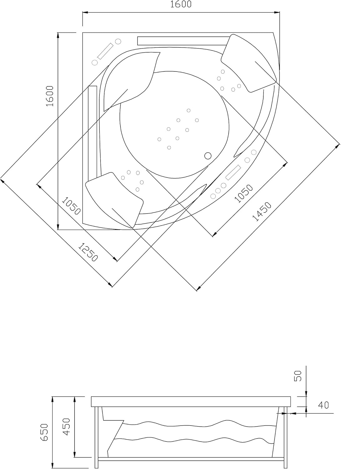 Jet-Line® Whirlpool | Villa Sabrina Weiss 1.6 x 1.6 m XXL | Neu mit umlaufendem Wasserfall | Vollaustattung Eckbadewanne | Pool Eck Badewanne | Whirlwanne | Ozon Heizung LED