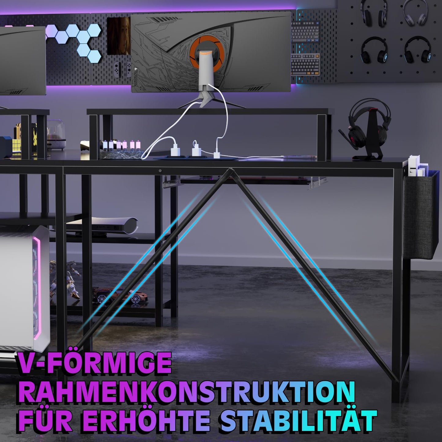 Flamaker Gaming Tisch l Form 140x140 cm - Eckschreibtisch mit RGB LED, Monitorständer & Ablagefach | 2 Steckdosen + 2 USB-Anschlüsse (Weiß)