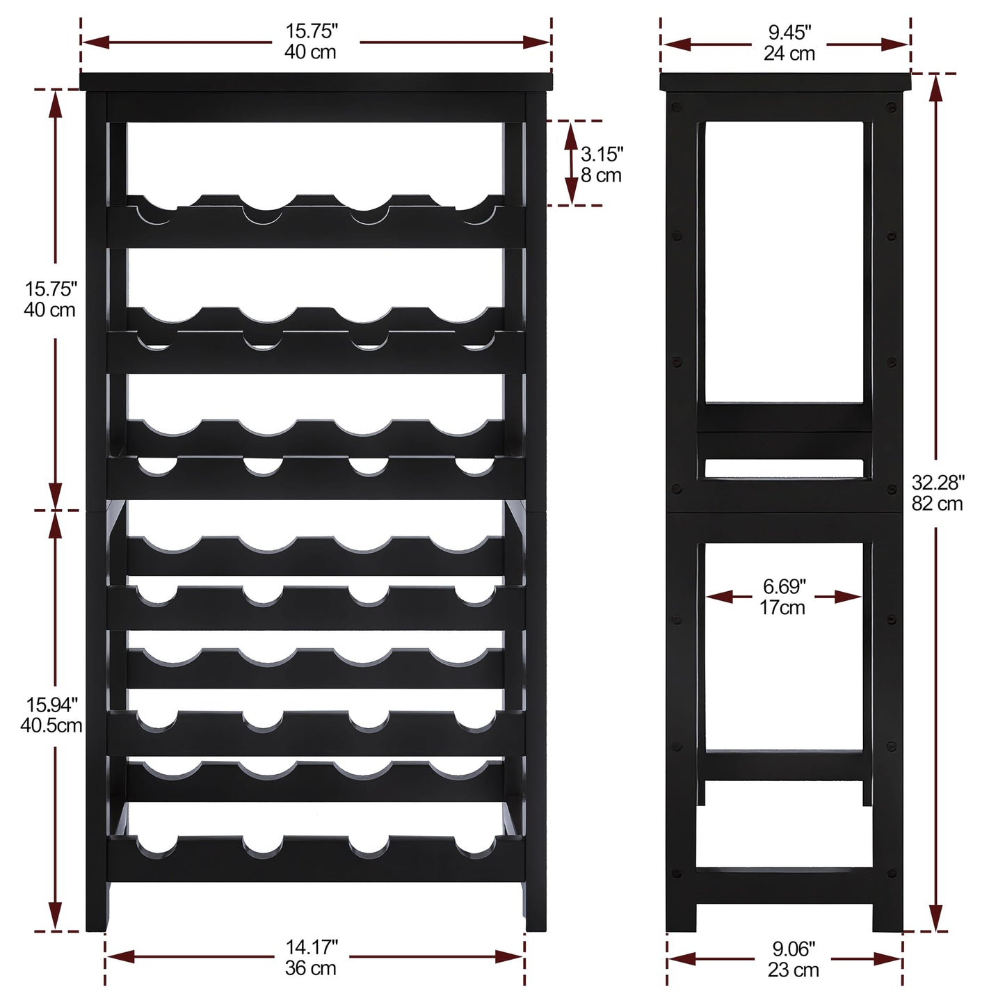 24 Bottle Wine Rack Freestanding Base, 6 Tier Wine Display Storage Shelves with Table Top, Bamboo Wine Bottle Holder Stand with Wave Bars for Kitchen, Dining Room, Pantry, Black