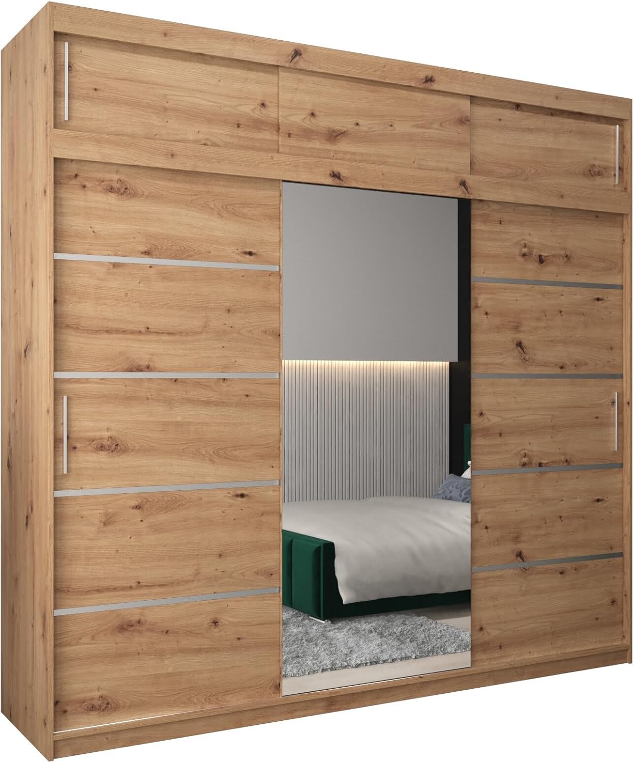 MEBLE KRYSPOL Kleiderschrank mit Spiegel Verona 2 - Garderobenschrank - Schrank Schlafzimmer - Mehrzweckschrank DREI Schiebetüren - Regalen - Flur Möbel - Kleiderstange Schrank - Allzweckschrank