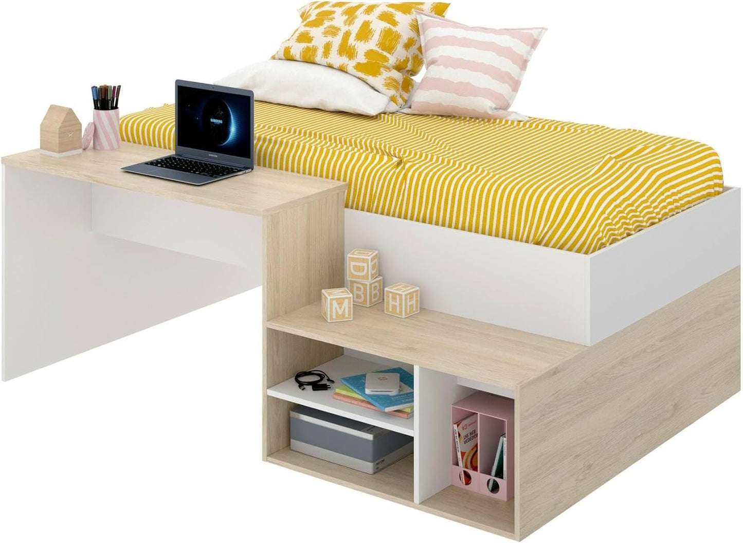 Dmora - Schlafzimmer Cervino, Einzelbett für Schlafzimmer, Set mit Schreibtisch und Regalen, 195 x 134 x 73 cm, Weiß und Eiche