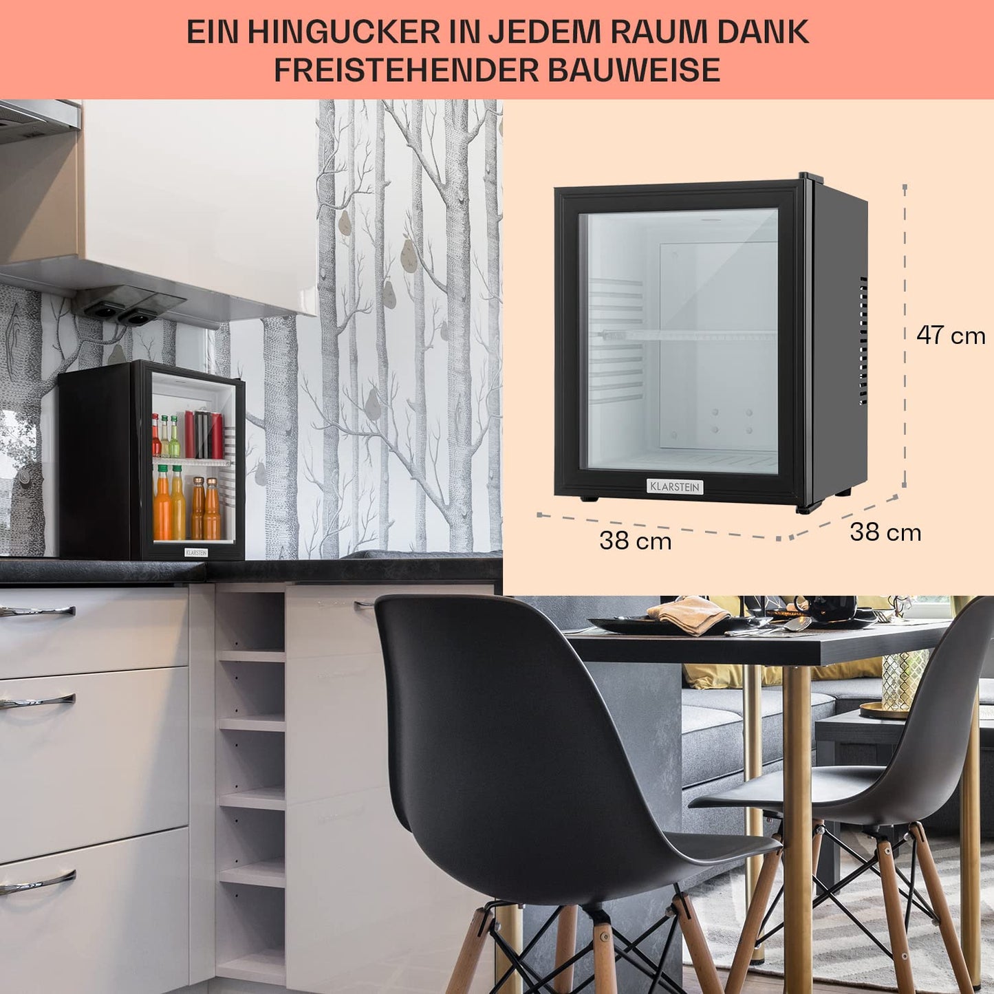 Klarstein Kühlschrank, Mini Kühlschrank mit Glastüre, Mini-Kühlschrank für Getränke, Snacks & Kosmetik, Kühlschrank Klein & Leise, Verstellbare Ablagen, Kleiner Skincare Kühlschrank 12-18°C, 23L