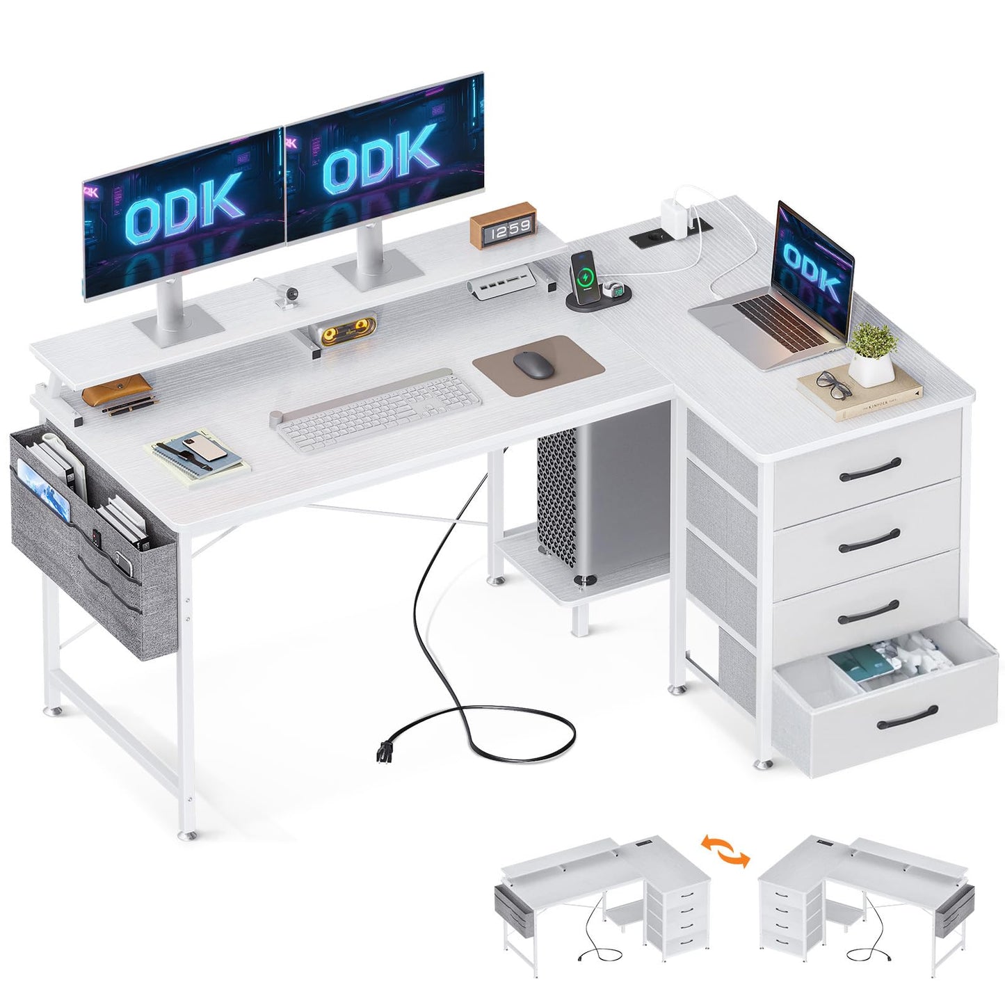 ODK Corner Desk with 4 Fabric Drawers, 140 x 80 cm, Desk L Shape Reversible with USB Charging Port and Socket, L Shaped Desk with Monitor Shelf for Home Office, White