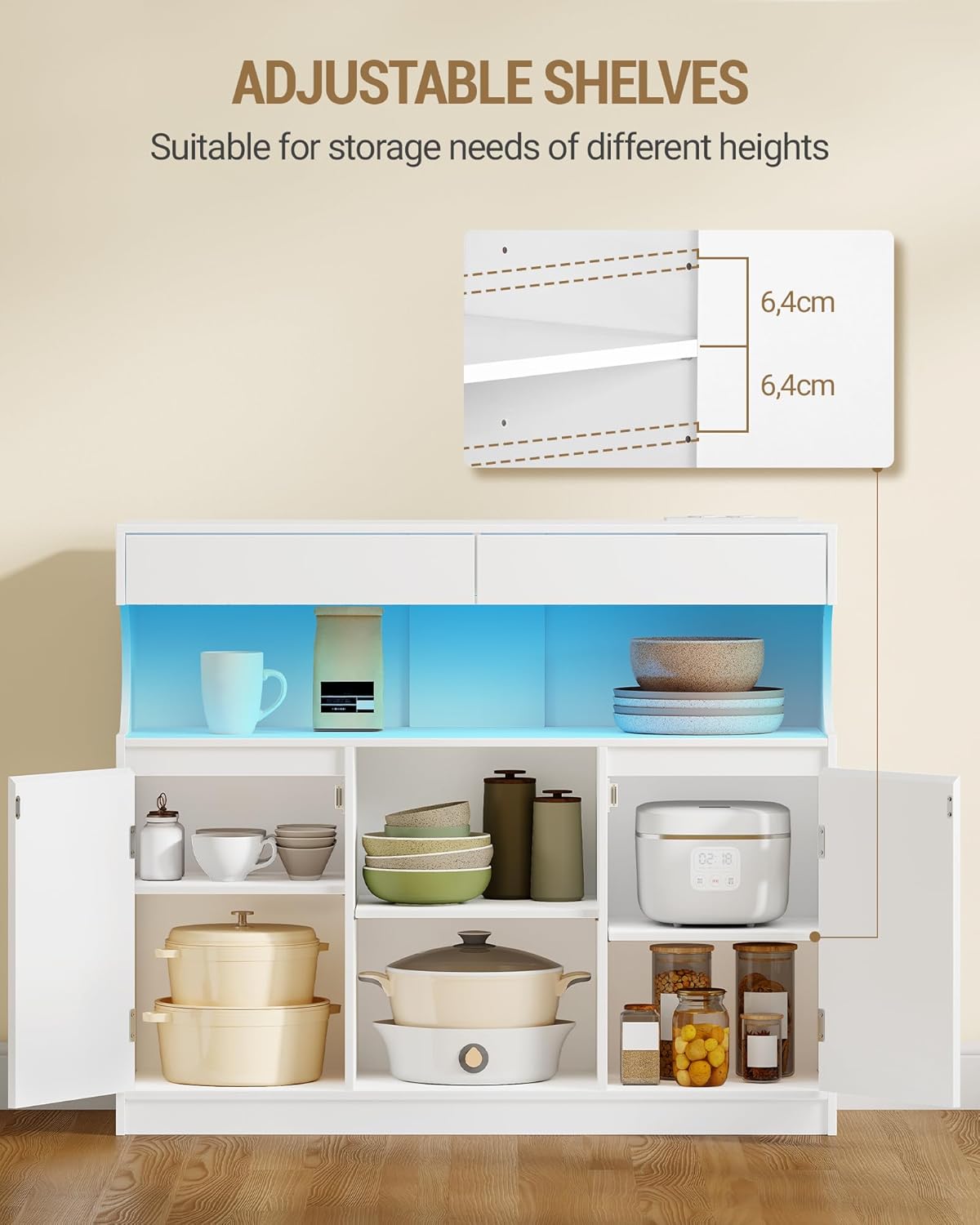 Hzuaneri SC64903X Sideboard, Kitchen Cabinet with Power Strip and LED Light, Storage Cabinet, 2 Drawers and 2 Doors, Adjustable Shelves, Buffet Cabinet, Dining Room, Kitchen, 35 x 100 x 85 cm, White