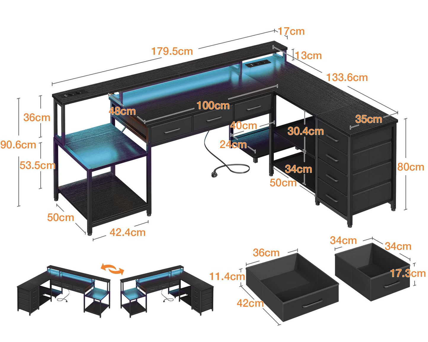 Coleshome Gaming Tisch mit 7 Schubladen & Großzügigem Stauraum, Eckschreibtisch mit RGB LED, Reversibler Schreibtisch L Form mit 2 Steckdosen, Ideal für Büro & Gaming, 179.5×135.5cm, Weiß