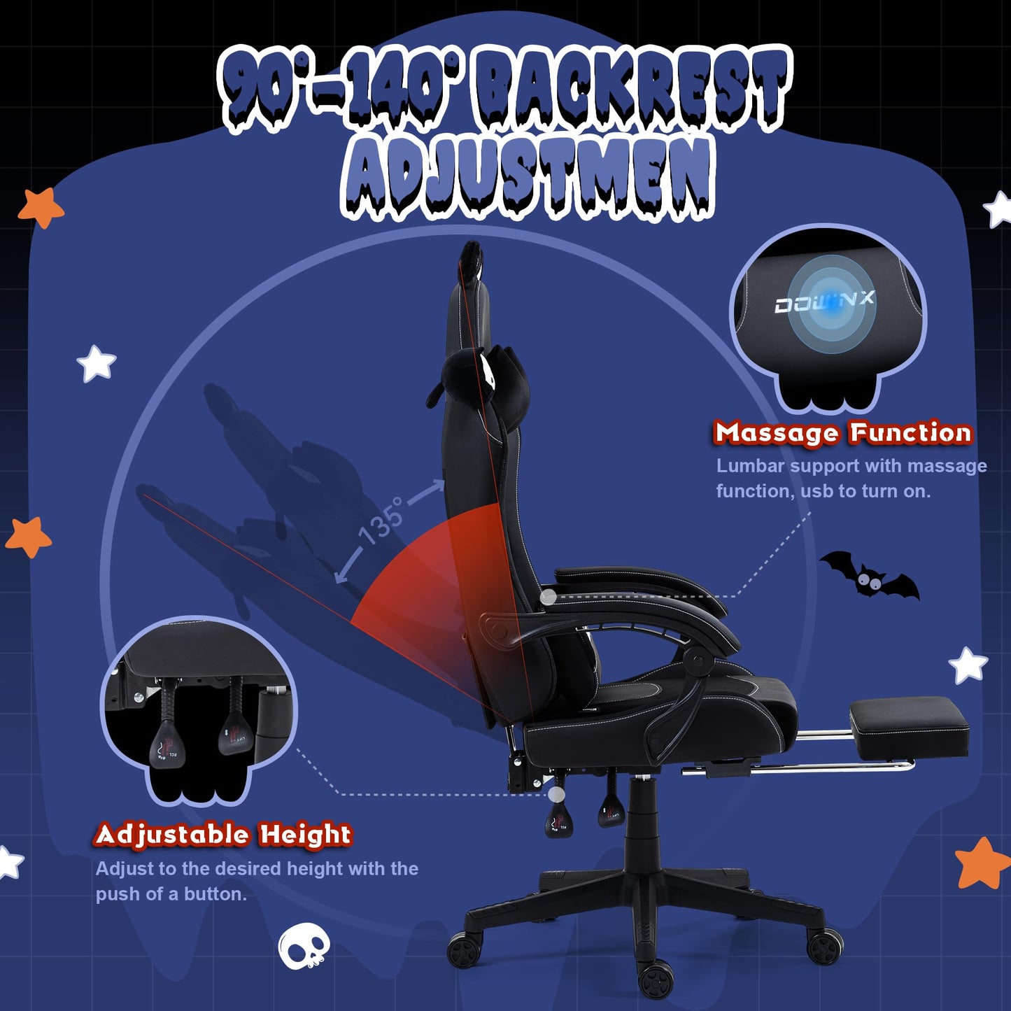 Dowinx Gaming Chair - Cute Cat Edition - Ergonomic Computer Chair with High Back and Lumbar Support, PU Leather, Footrest, Black