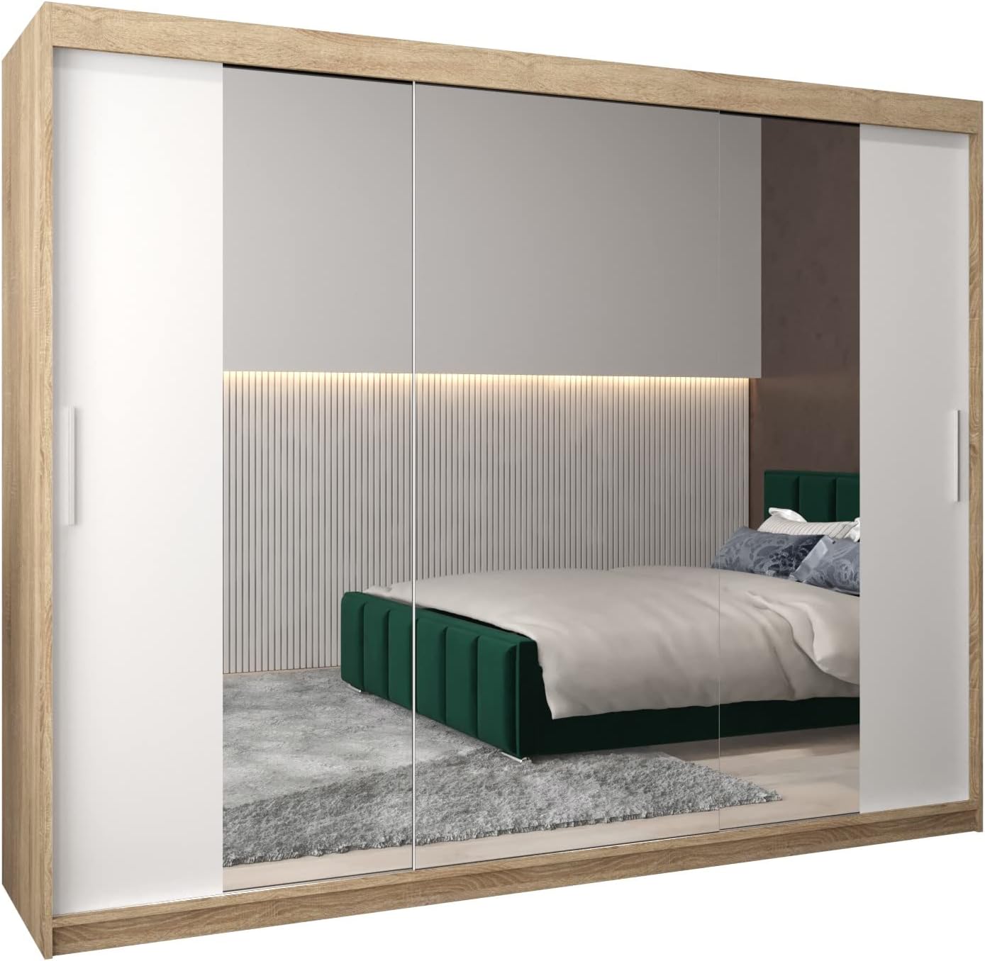 MEBLE KRYSPOL Kleiderschrank mit Spiegel Tokyo 2 - Garderobenschrank - Schrank Schlafzimmer - Mehrzweckschrank DREI Schiebetüren - Regalen - Flur Möbel - Kleiderstange Schrank - Allzweckschrank