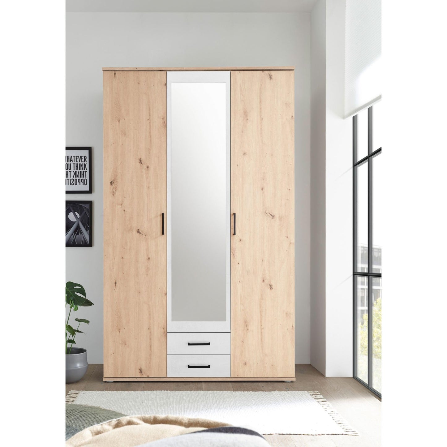 Stella Trading CHICAGO Eleganter Kleiderschrank mit viel Stauraum - Vielseitiger Drehtürenschrank in Artisan Eiche Optik und Absetzungen in Anthrazit - 156 x 197 x 54 cm (B/H/T)
