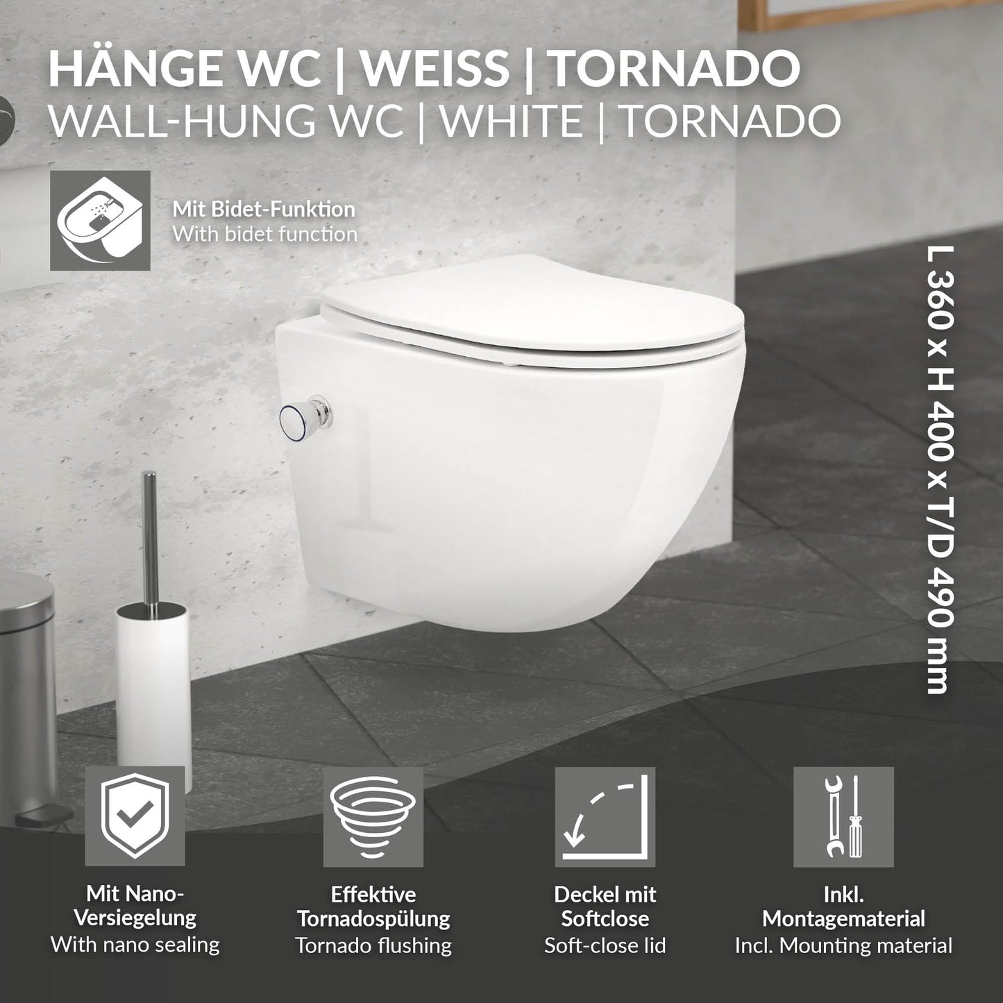 LuxeBath Wall-Mounted Toilet Rimless with Bidet Function, White, Deep Washdown Ceramic Hanging Toilet, Long 53.5 cm, Shower Toilet Nano Coating, Tornado Flush, Shiny Toilet Bowl Hanging with Toilet
