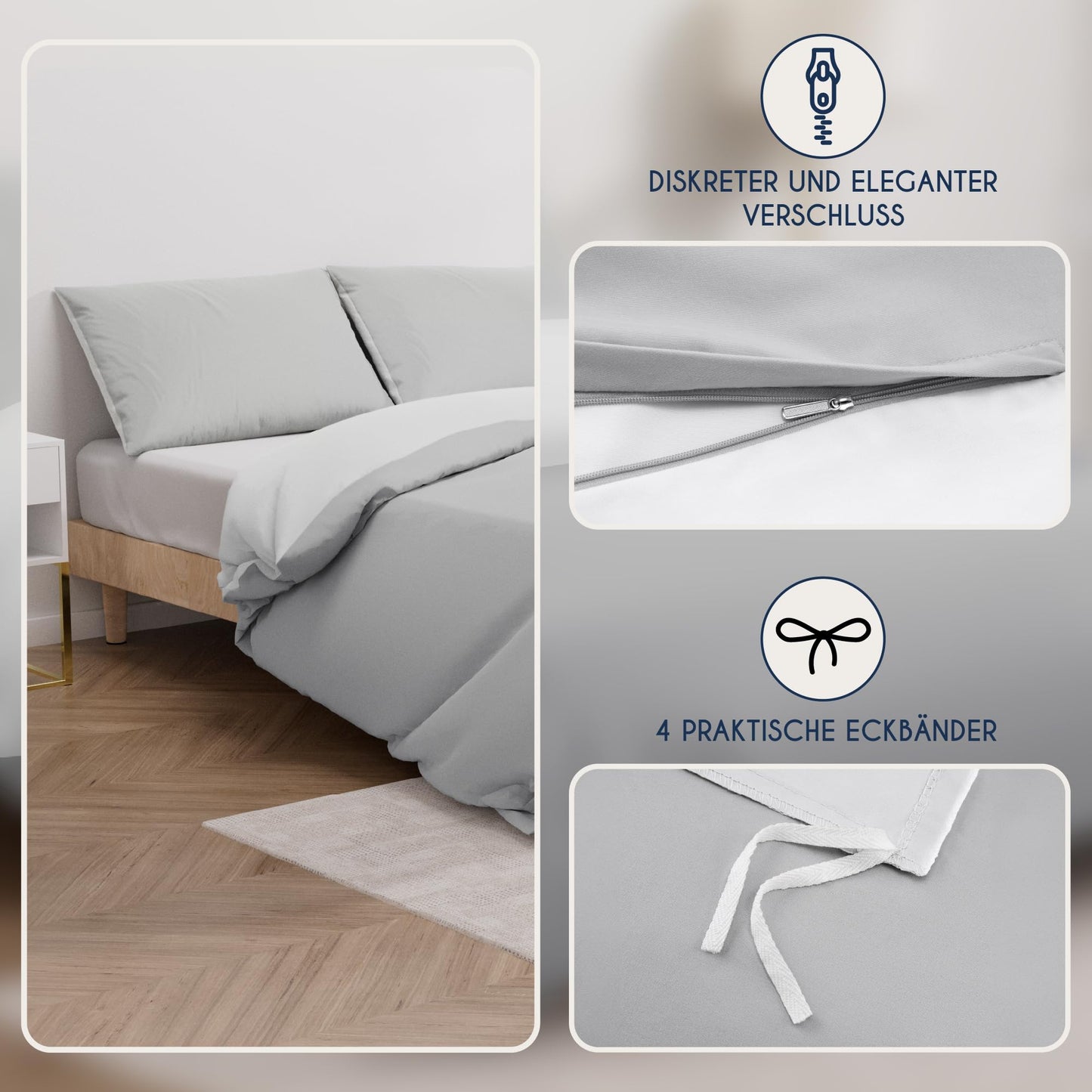 Dreamzie - Bed Linen Set 200 x 200 cm with 2 Pillowcases 80 x 80 cm Light Grey/White - 1 Duvet Cover 200 x 200 cm Made of 100% Microfibre - Certified No Chemicals (Oeko Tex)