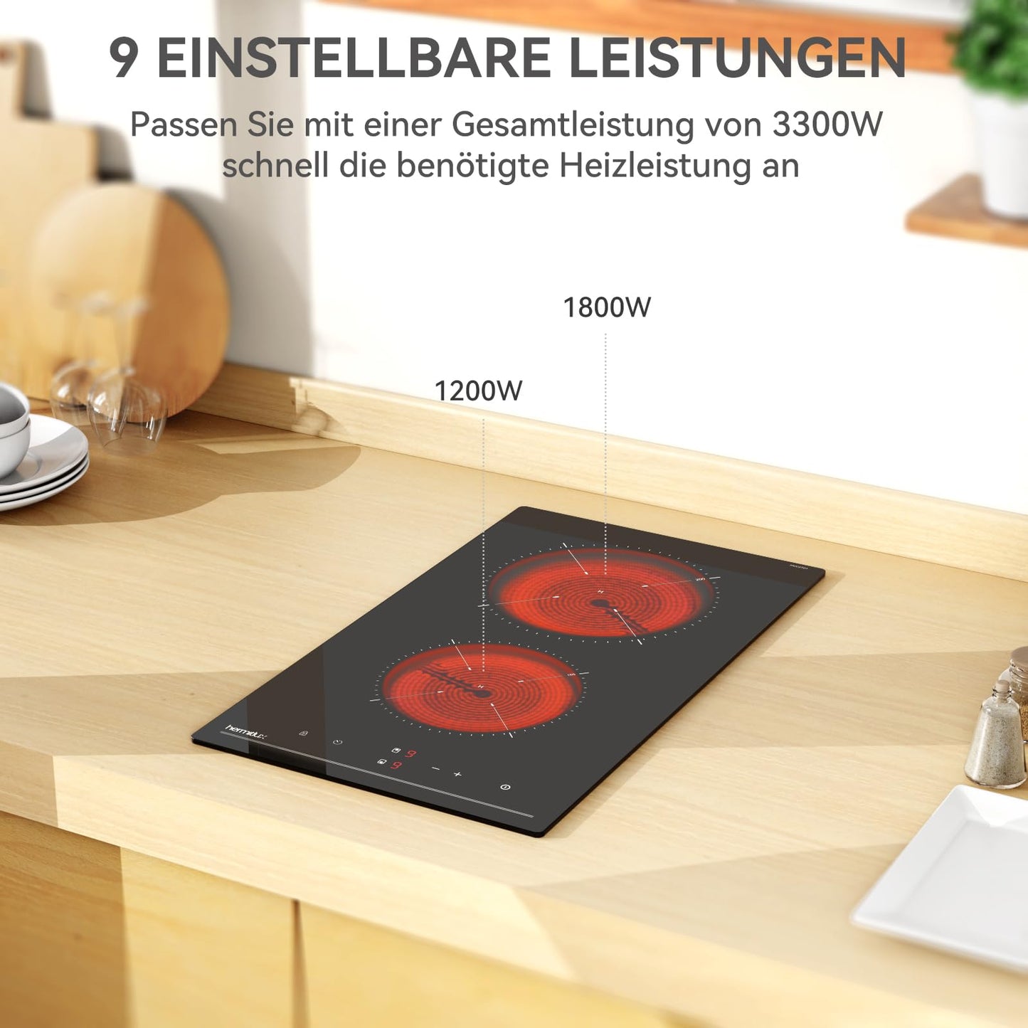 Hermitlux kochfeld 28,8cm, Glaskeramik Kochfeld 2 Platten, 9 Leistungsstufen, Touch-Steuerung, Timer, Kindersicherung, Geeignet für Alle Töpfe, 3300W