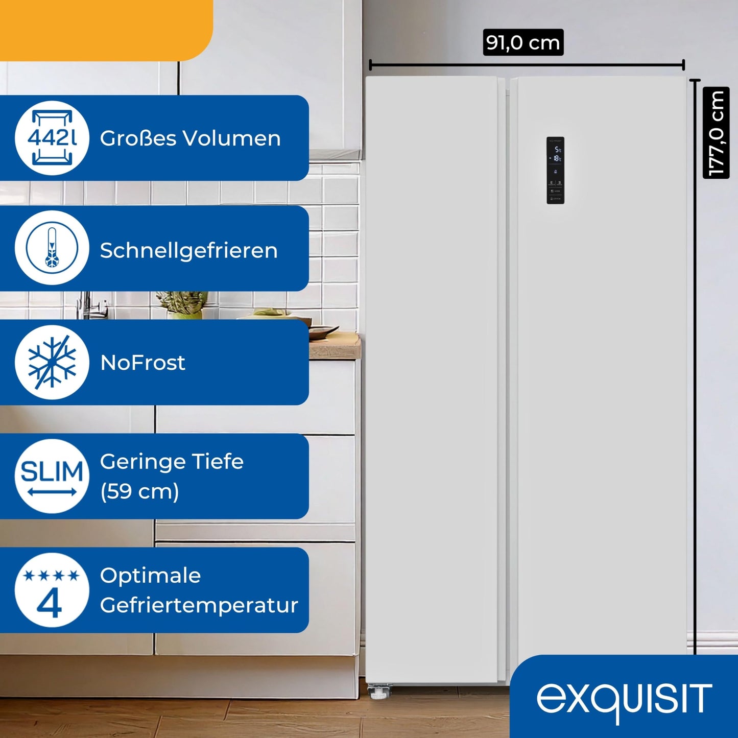 Exquisit SBS546-040E Side-by-Side Fridge-Freezer, 442 Litres, No-Frost, LED Display, 10 Shelves, Quiet Operation, 91 cm Width, White
