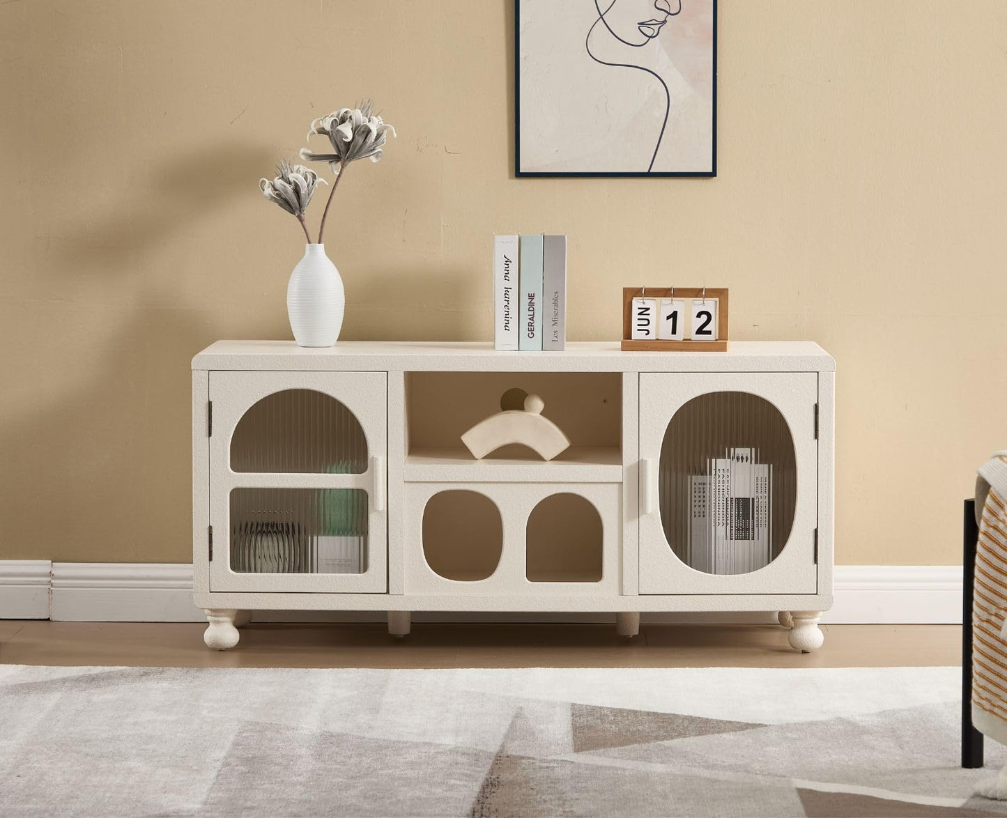 Ya-Home Lowboard with 2 Glass Doors Storage Cabinet with Compartments Sideboard with Solid Wood Legs for Living Room Black